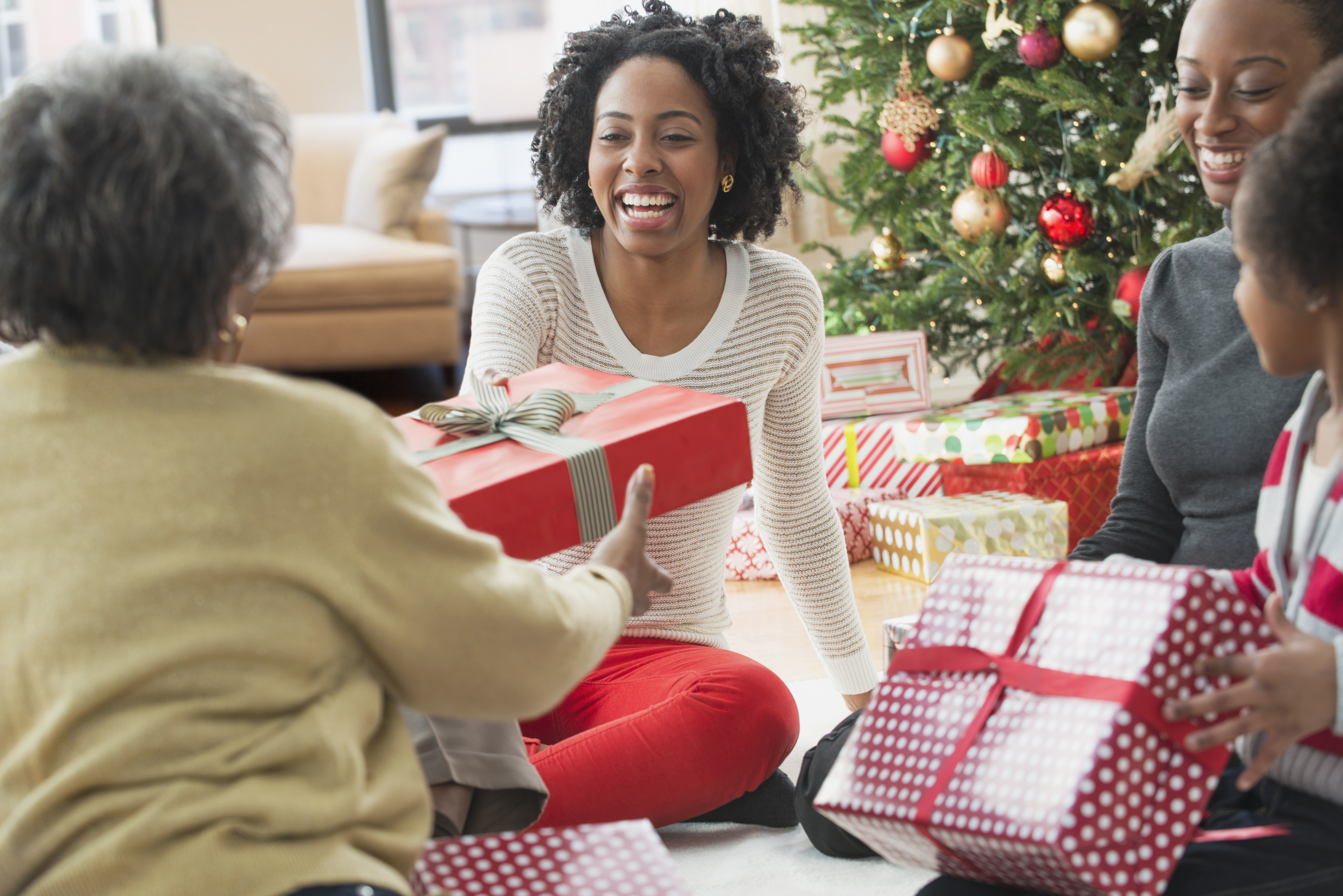 A young woman is seen giving a holiday gift to an older relative as they sit in front of a Christmas tree with their family.