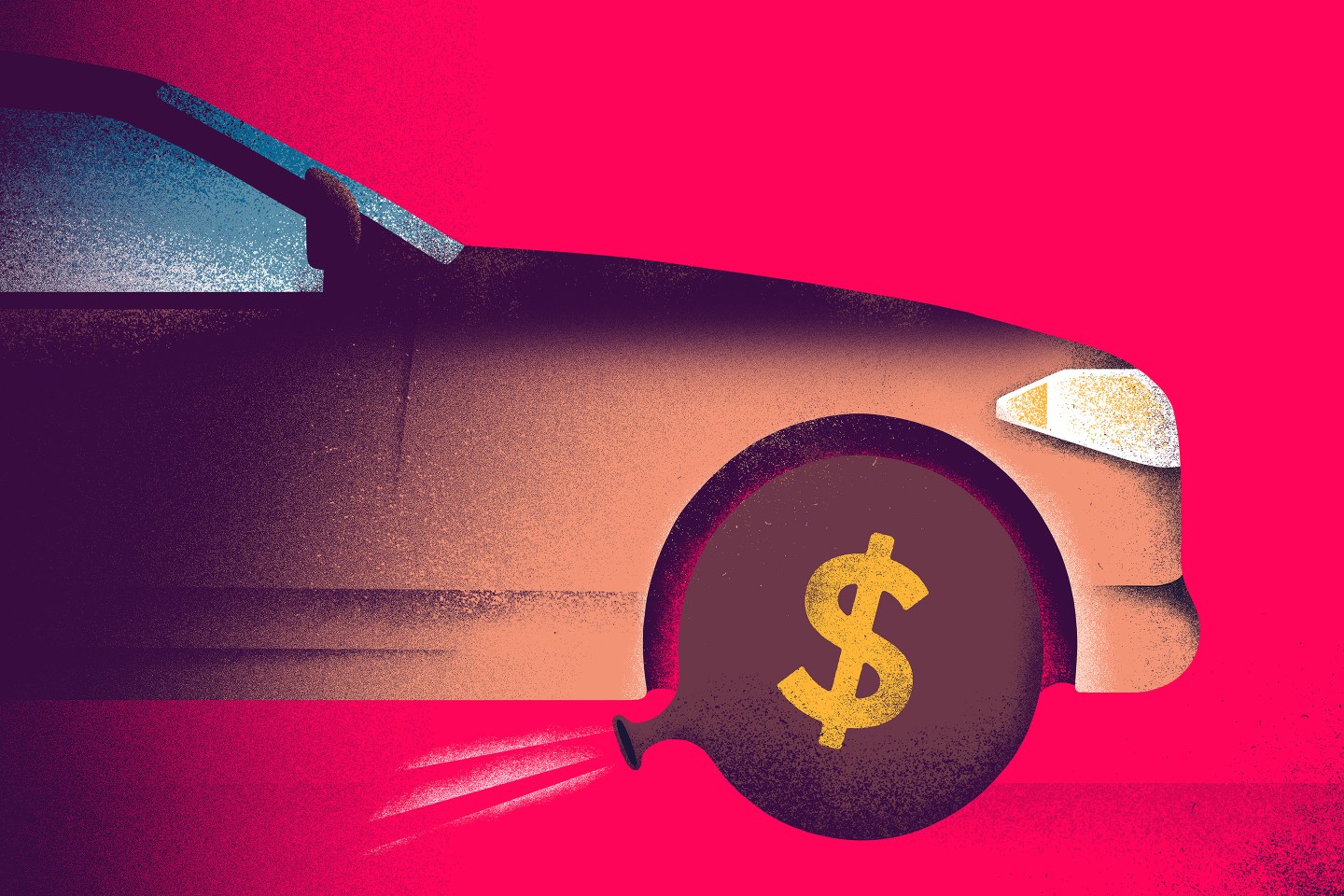 A car with a tire that deflates like a balloon