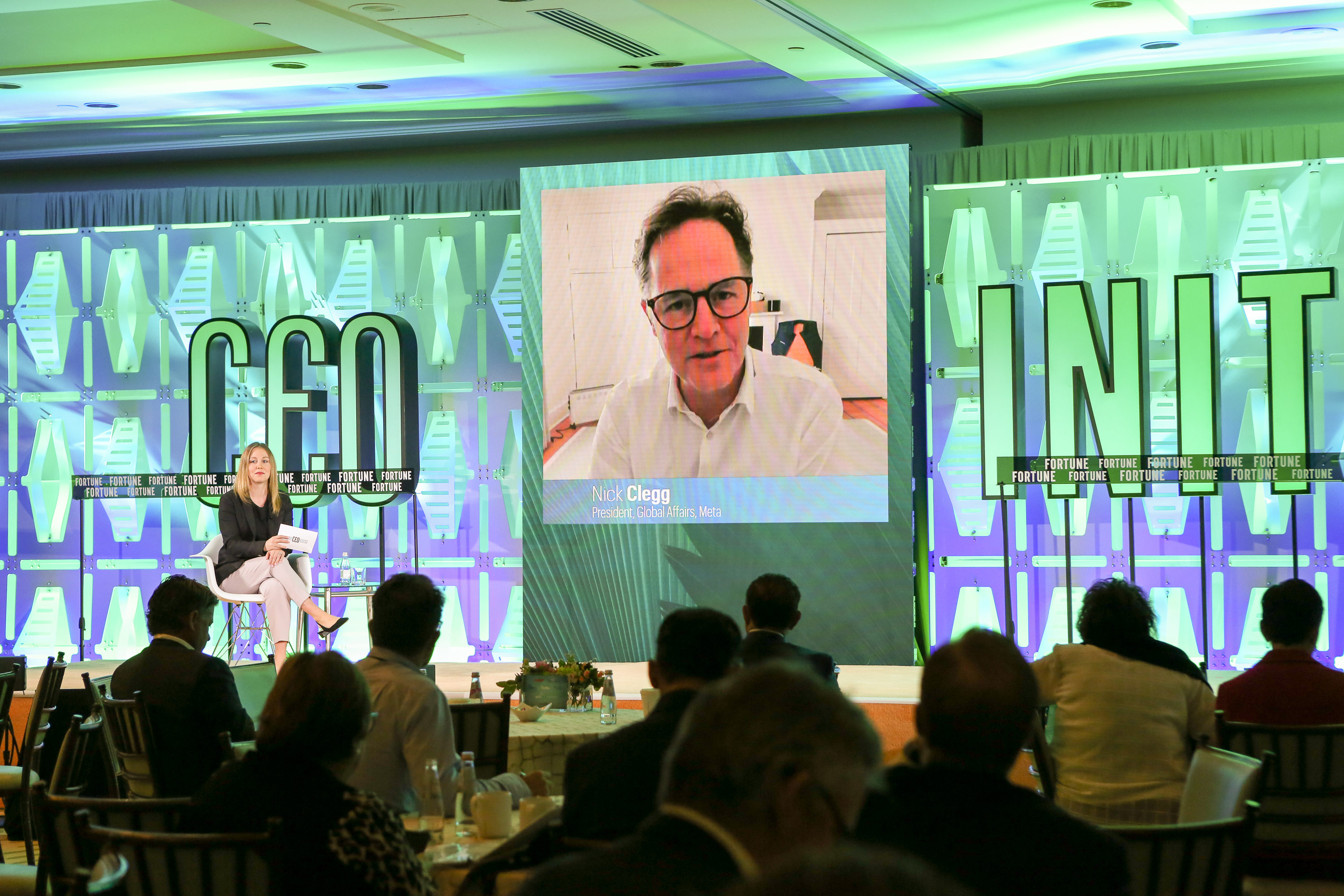 Nick Clegg, Meta's president global affairs, appears virtually in an interview with Fortune's editor-in-chief Alyson Shontell at the CEO Initiative summit in Palm Beach, Fla. on November 3, 2022.