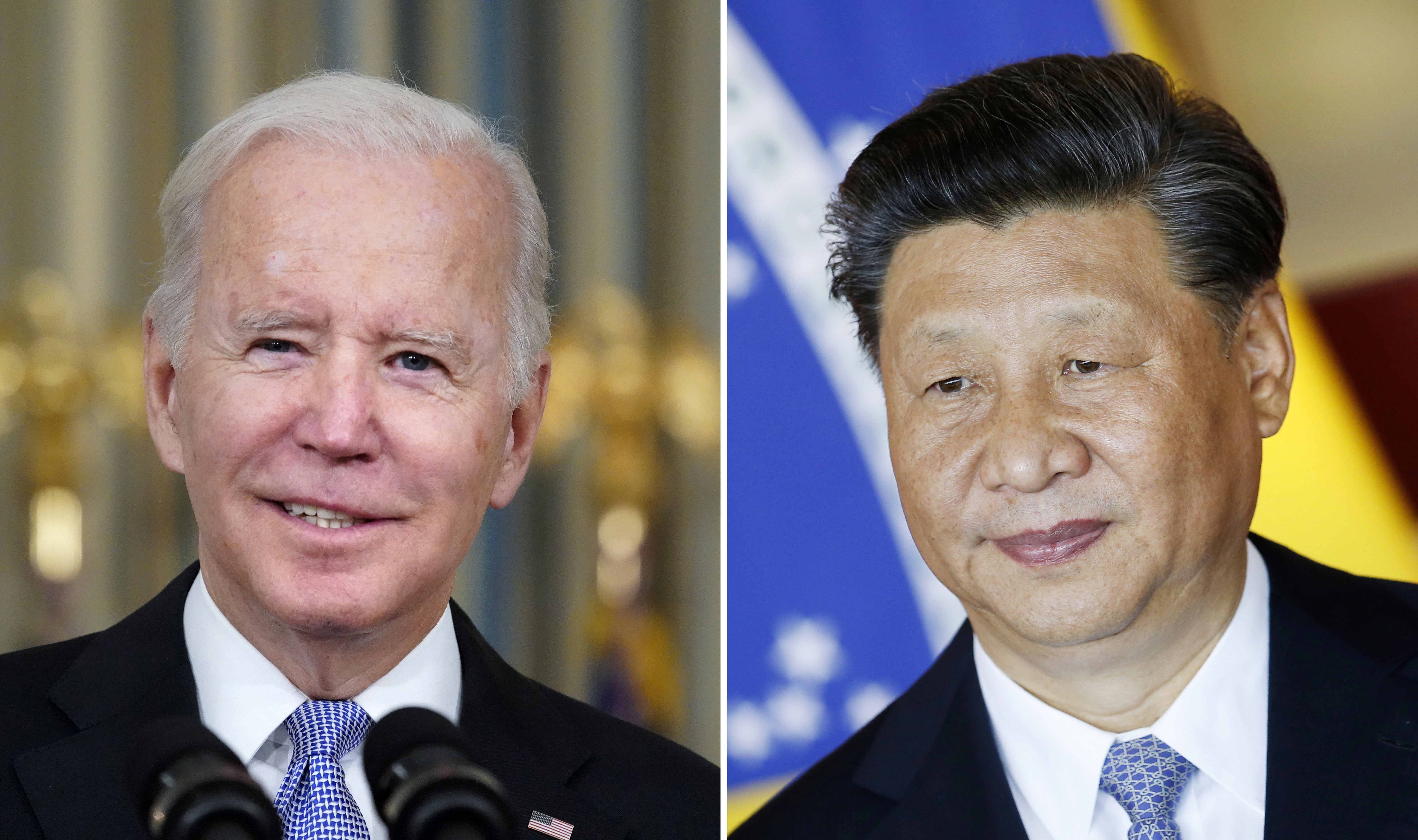 President Joe Biden in Washington, Nov. 6, 2021, and China's President Xi Jinping in Brasília, Brazil, Nov. 13, 2019.