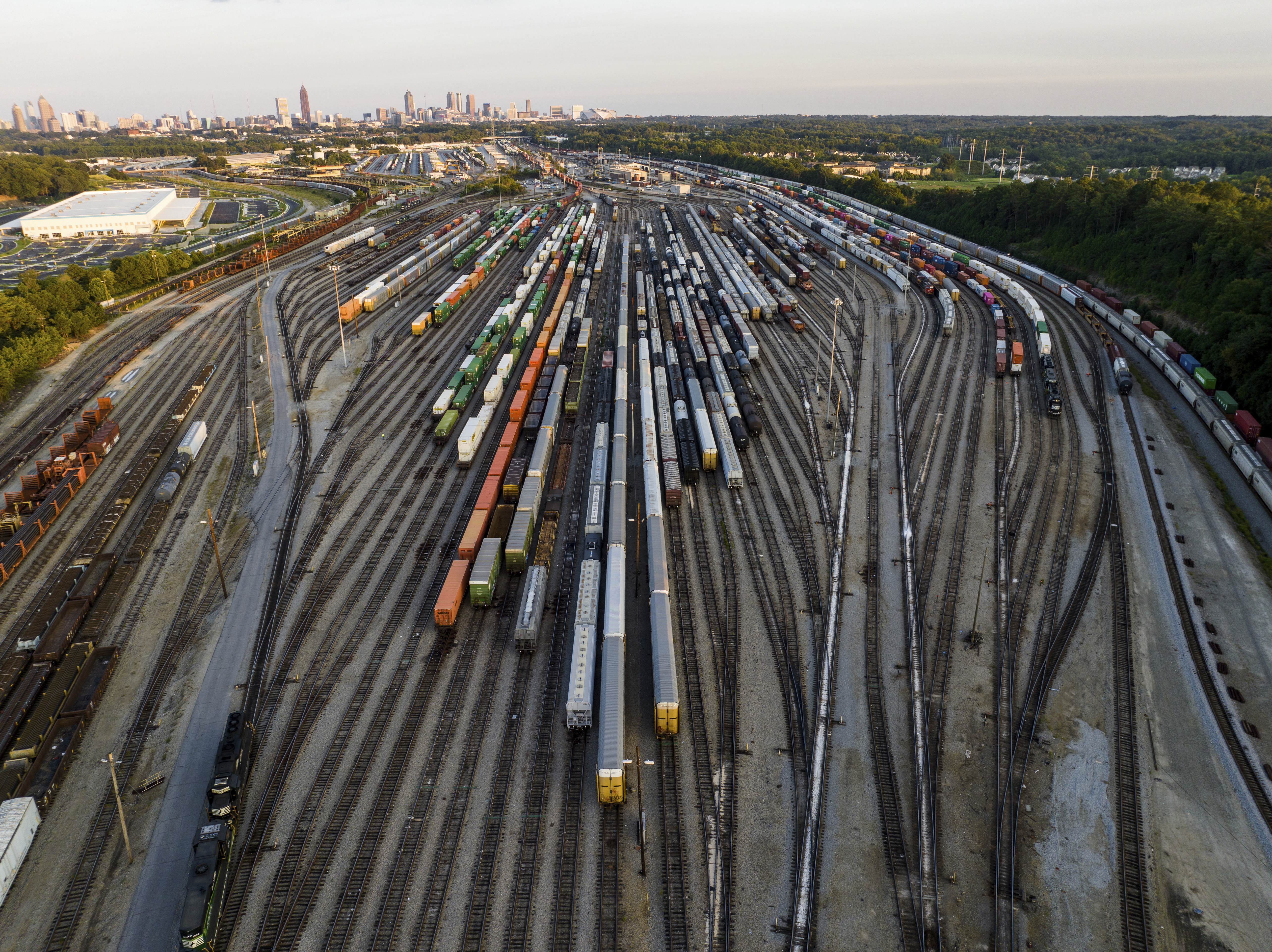 Freight train cars sit in a Norfolk Southern rail yard on Sept. 14, 2022, in Atlanta.