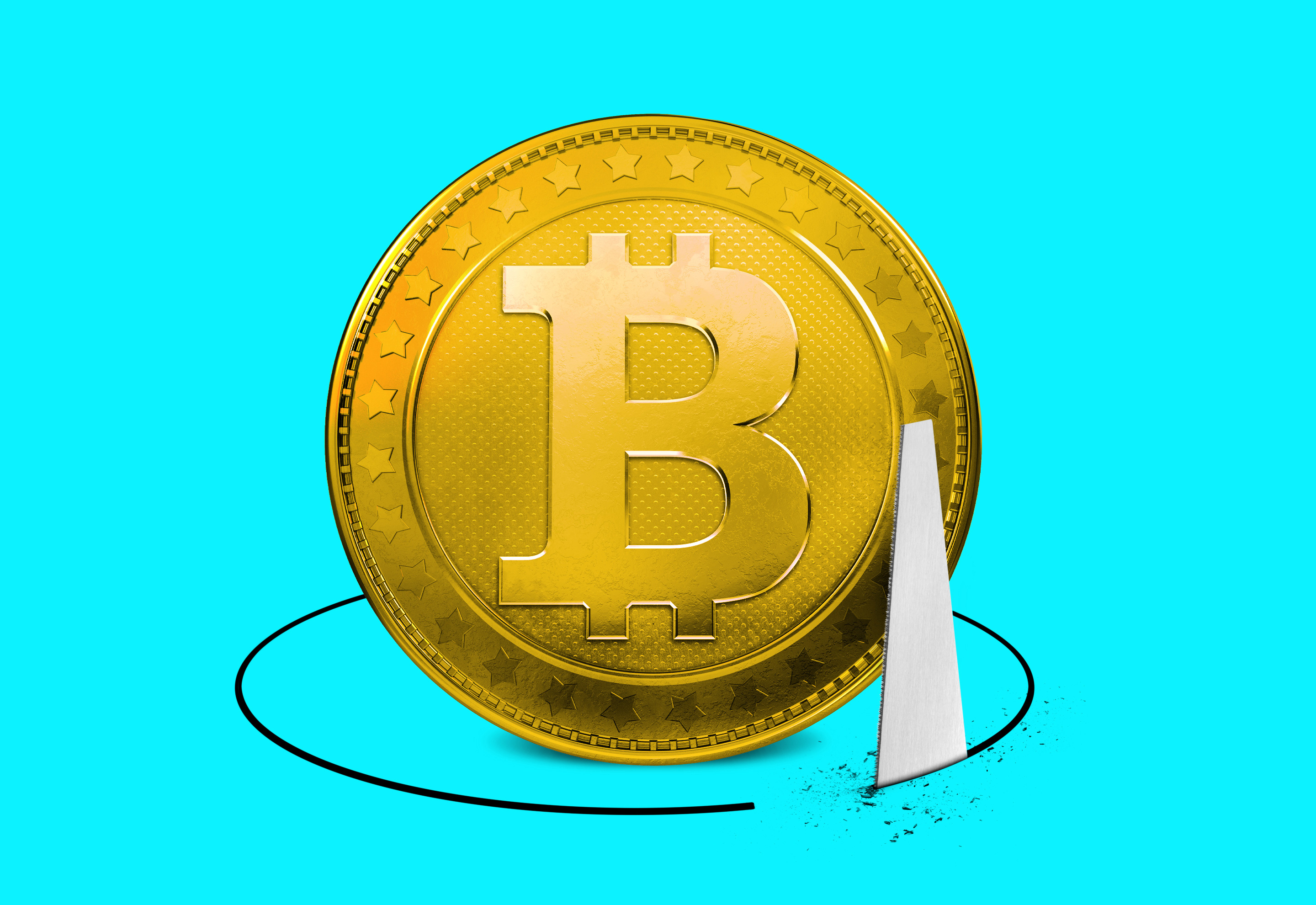 Saw cutting the floor beneath a Bitcoin