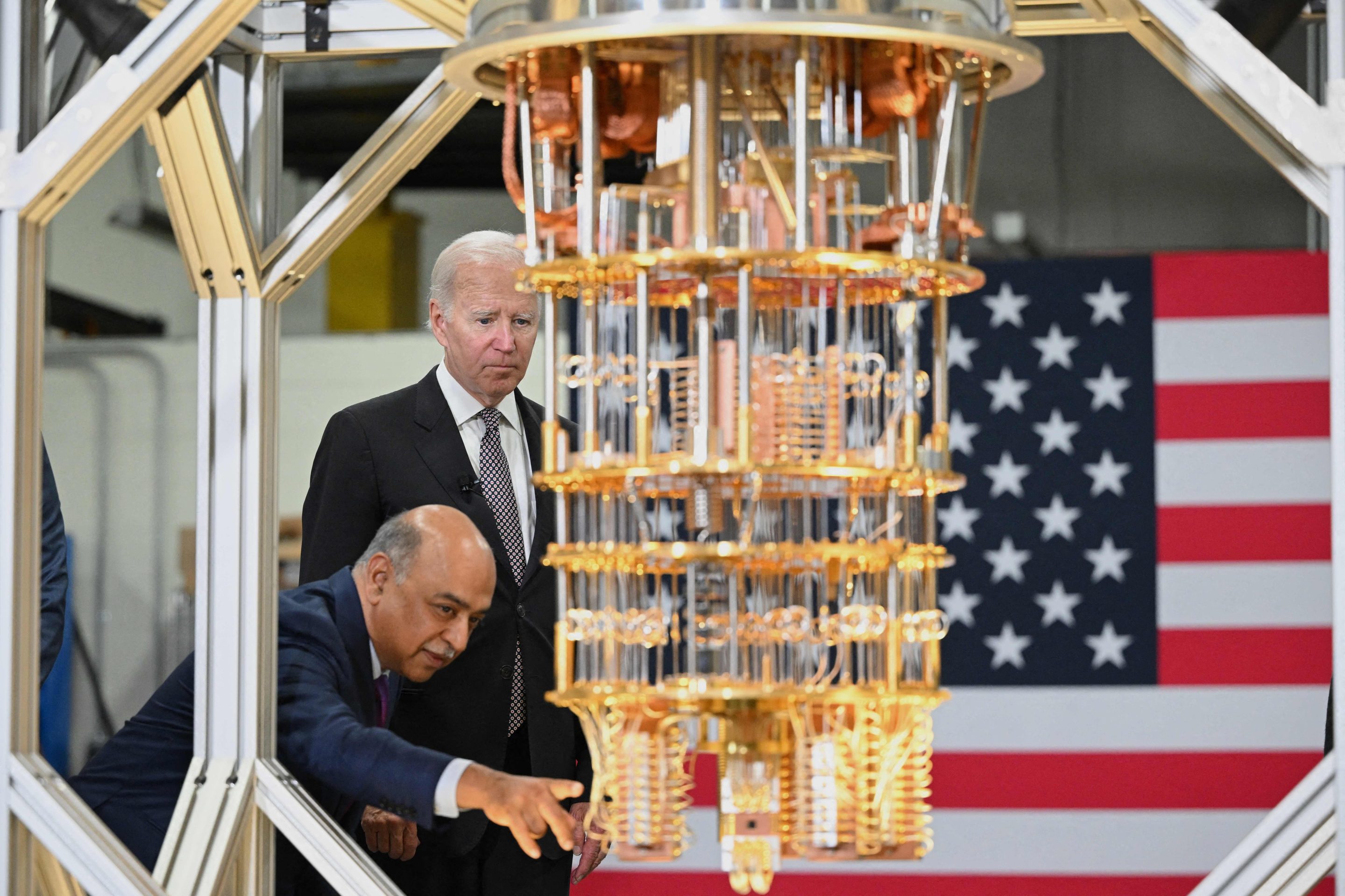 President Joe Biden and IBM CEO Arvind Krishna tour the IBM facility in Poughkeepsie, New York on Oct. 6.