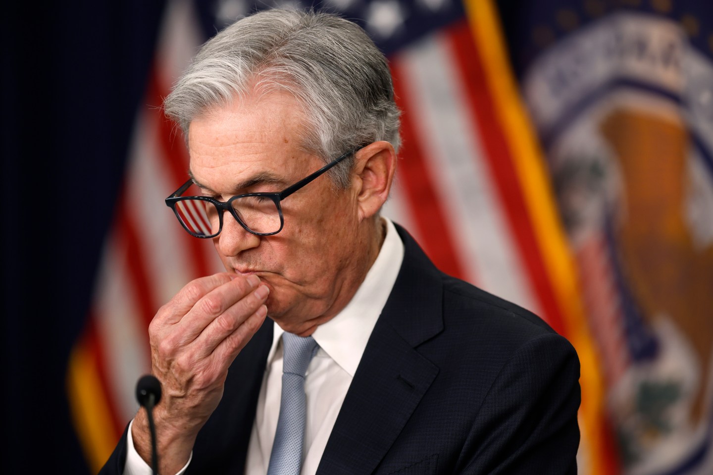 Shot of Jerome Powell, chairman of the US Federal Reserve, speaking on stage