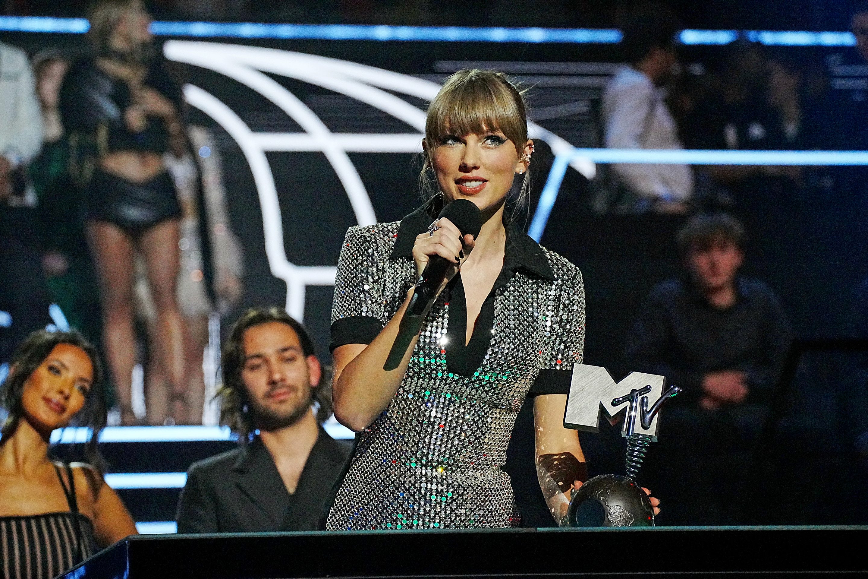 Taylor Swift accepts an award onstage during the MTV Europe Music Awards 2022