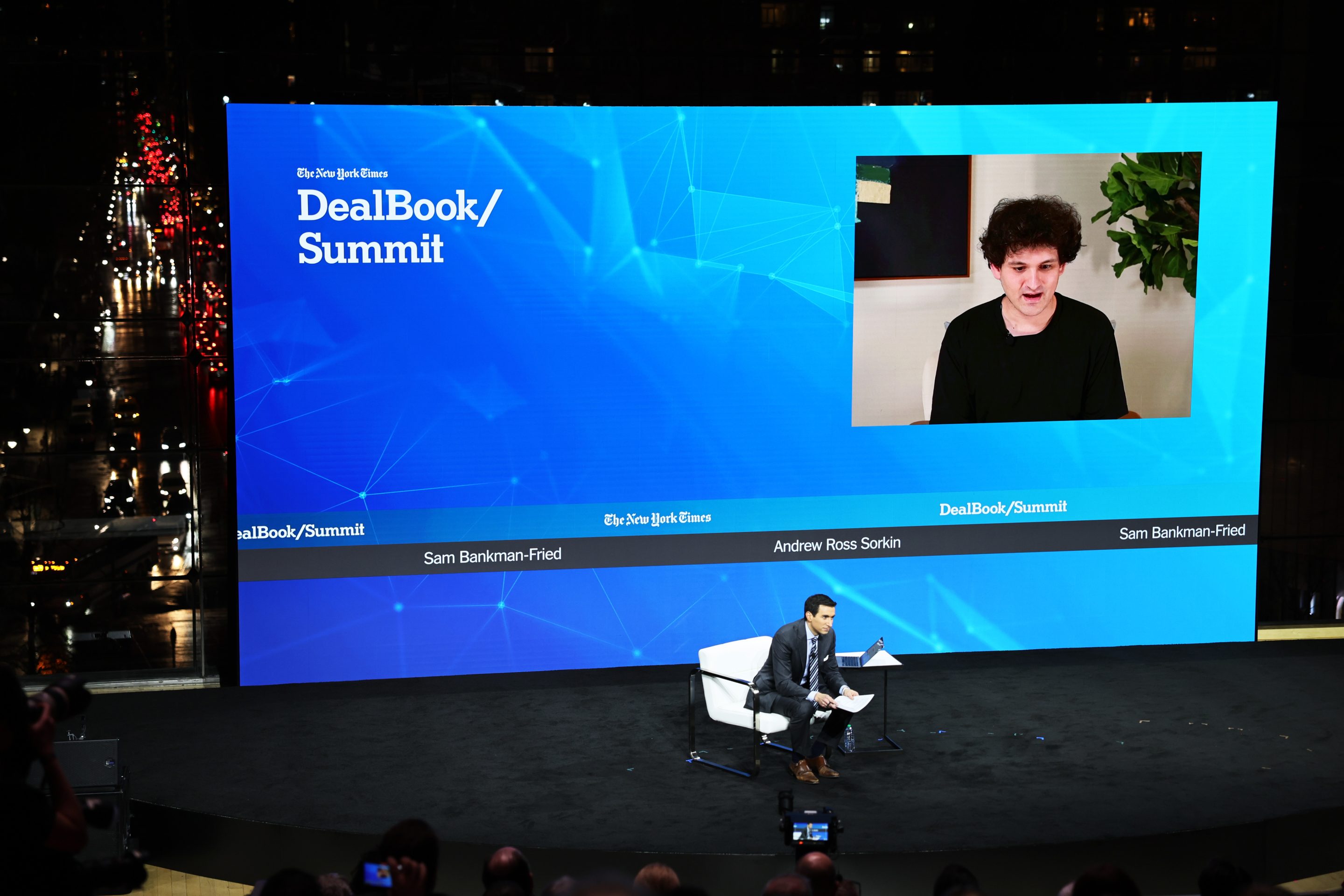 Andrew Ross Sorkin speaks with FTX founder Sam Bankman-Fried during the New York Times DealBook Summit in the Appel Room at the Jazz At Lincoln Center on November 30, 2022 in New York City.