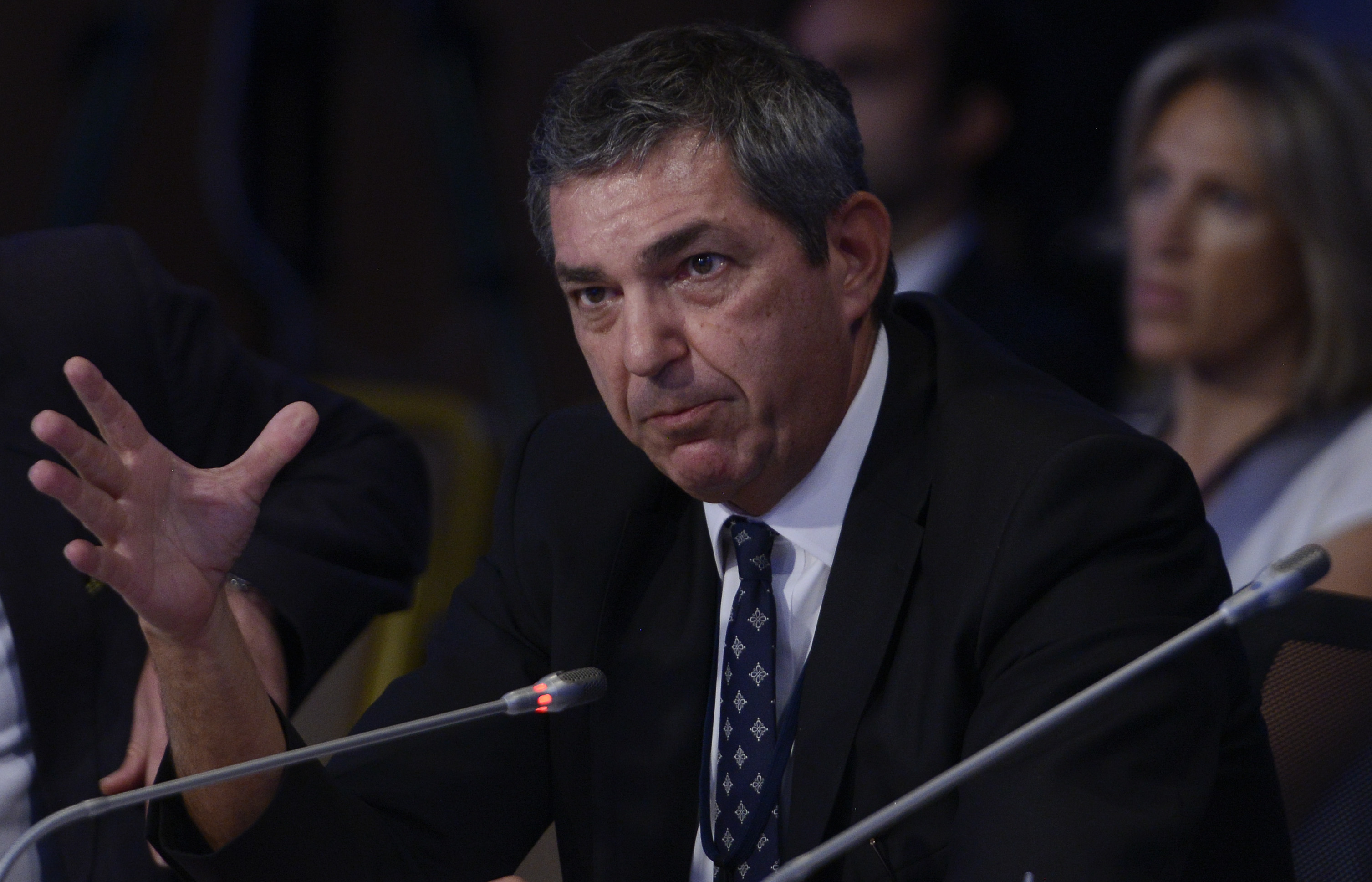 EU ambassador to the US Stavros Lambrinidis speaking on stage in 2017