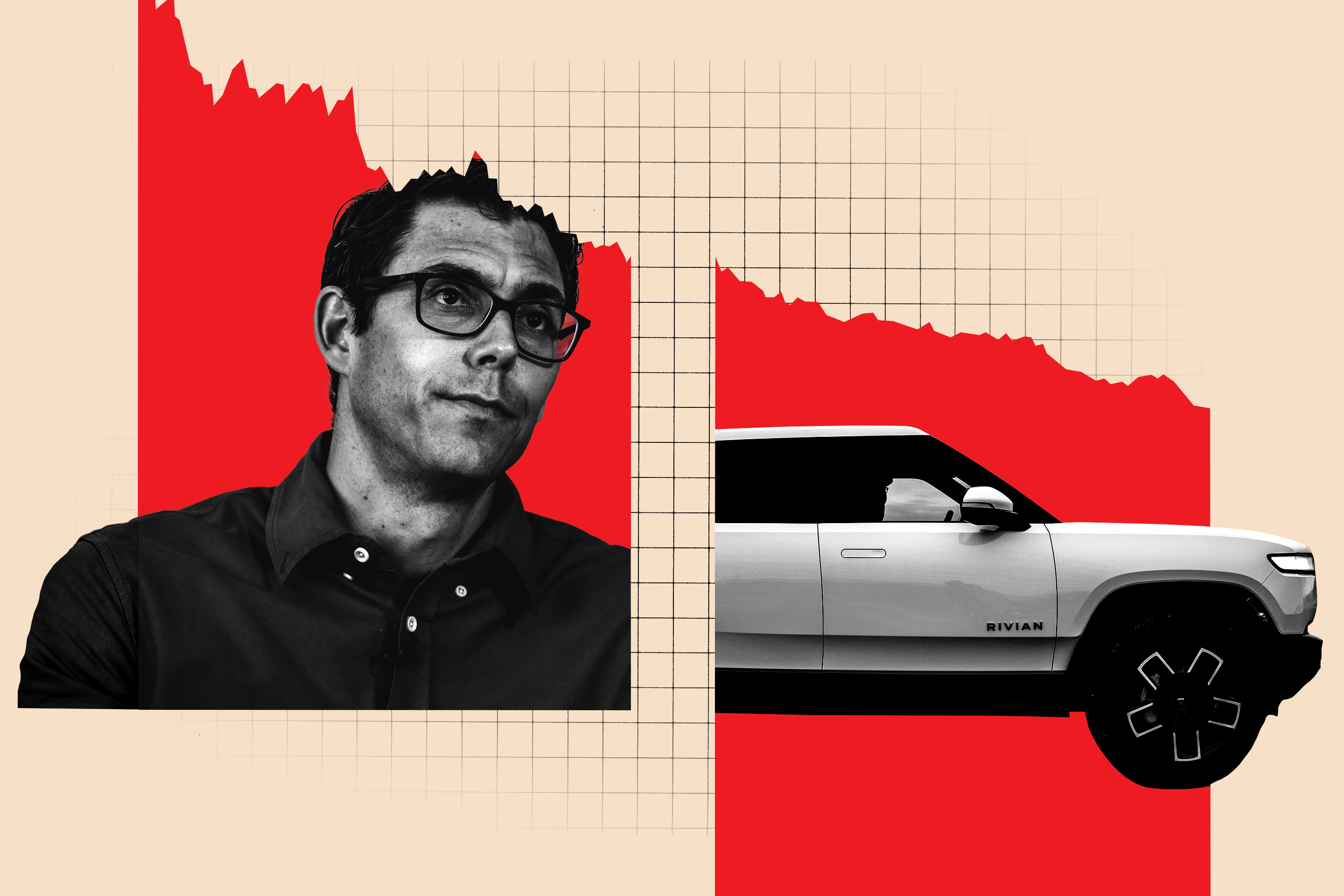Photo illustration of RJ Scaringe, a Rivian truck, a red fever line, and a grid.