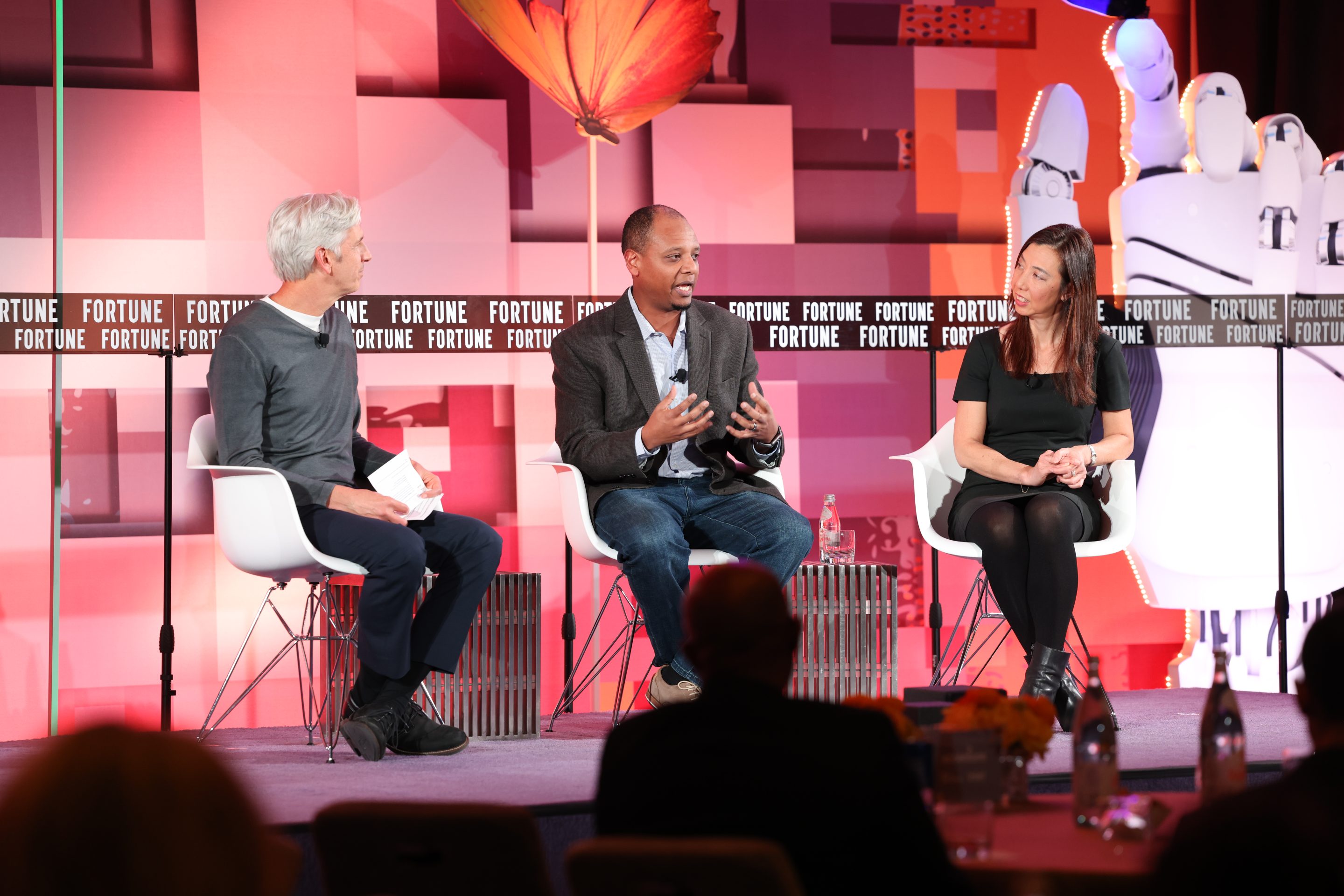 Land O'Lakes CTO Teddy Bekele (center), and
Wayfair CTO Fiona Tan speak with Fortune's Verne Kopytof about implementing A.I. at their companies.