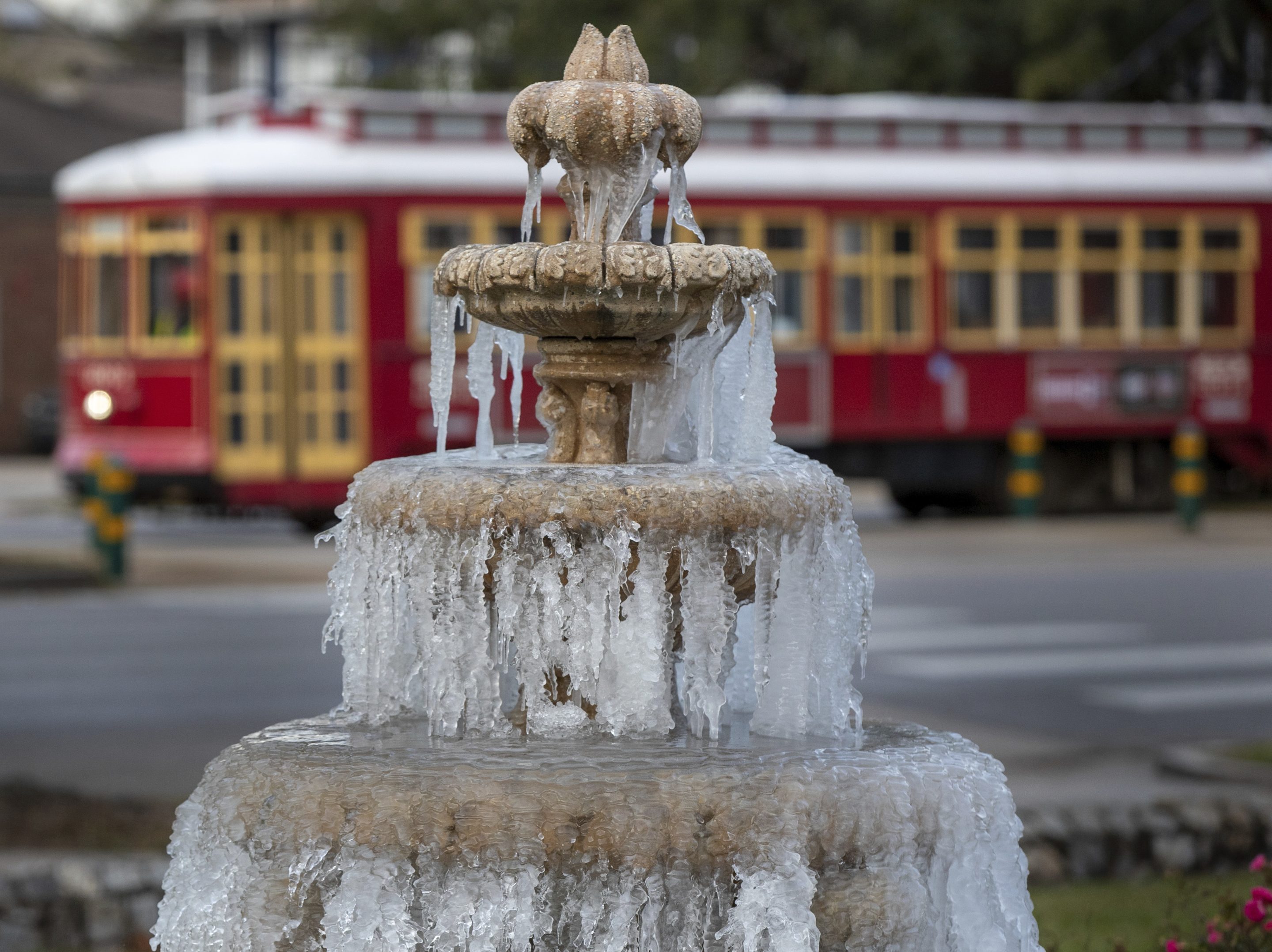 A frozen fountain in New Orleans on Saturday.