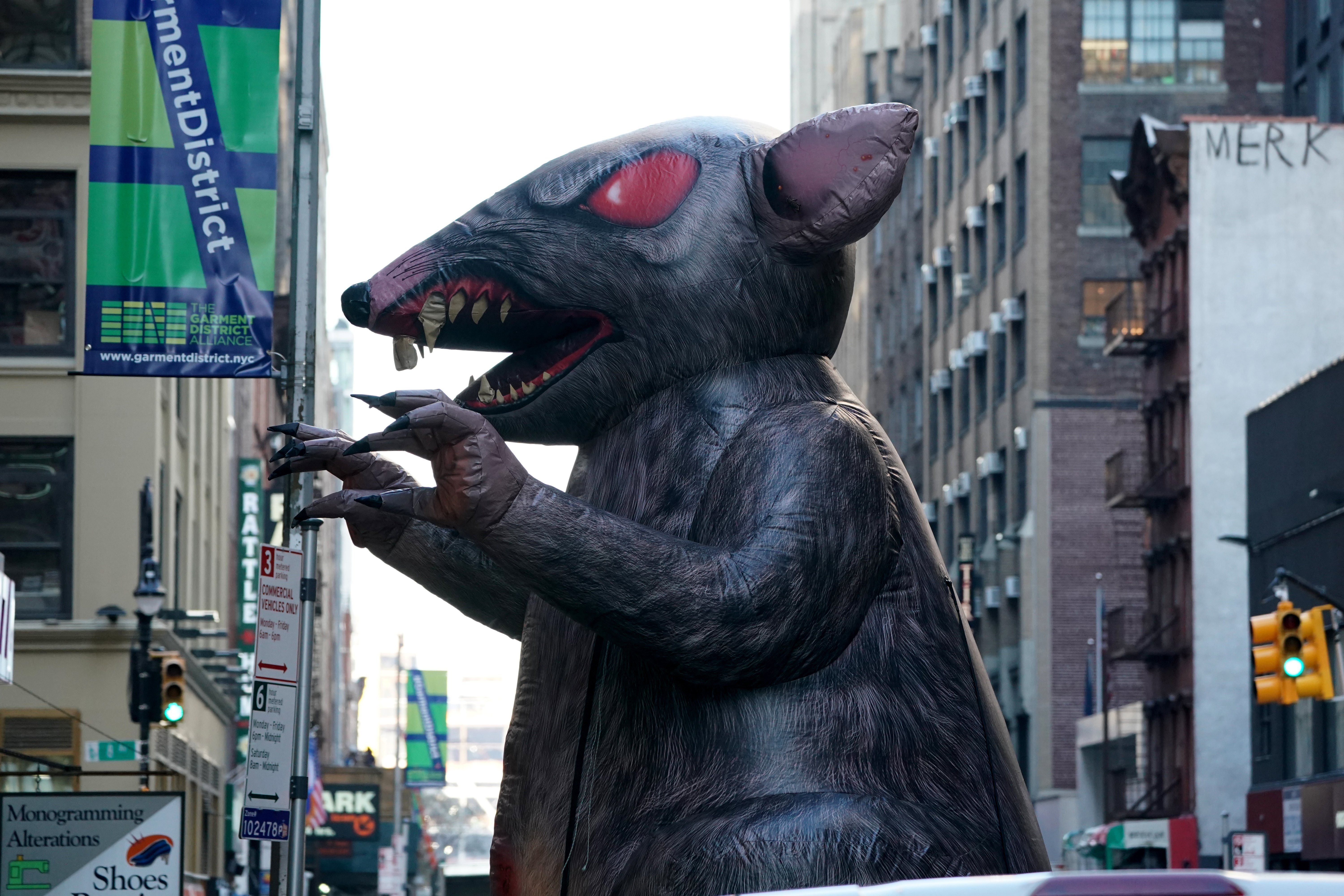A giant inflatable rat in New York City.
