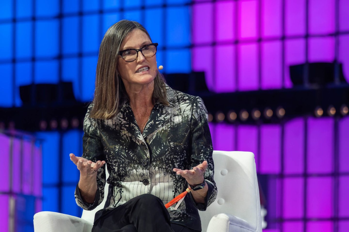 CEO and Chief Investment Officer of ARK Invest, Cathie Wood, addresses the audience at Altice Arena Centre Stage during the second day of the Web Summit 2022 in Lisbon.