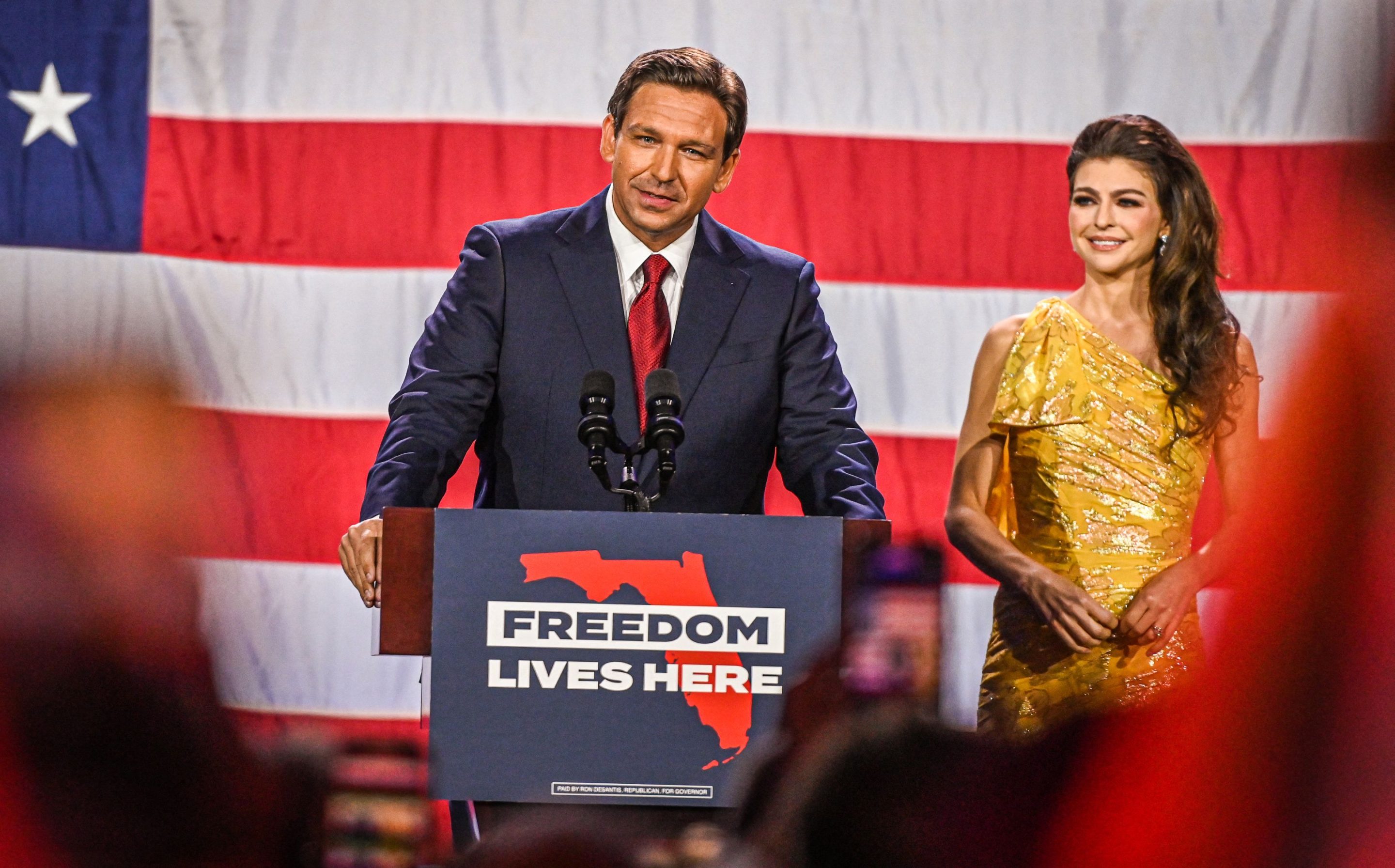 Republican gubernatorial candidate for Florida Ron DeSantis with his wife Casey DeSantis speaks during an election night watch party at the Convention Center in Tampa, Florida, on November 8, 2022.
