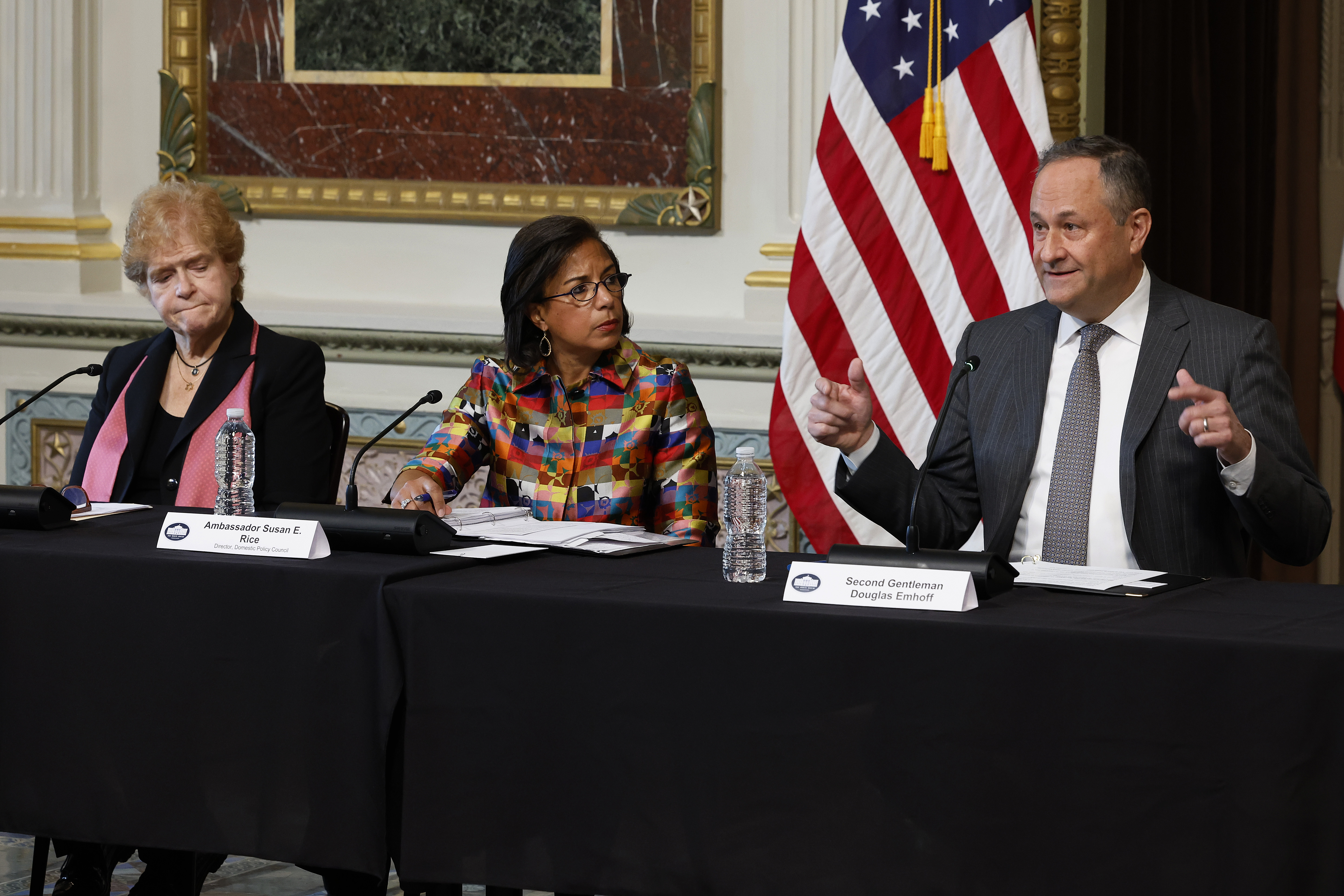 From left to right: Special Envoy to Monitor and Combat Antisemitism Deborah Lipstadt, White House Domestic Policy Advisor Susan Rice, and Second Gentleman Doug Emhoff are seated together at a roundtable event.