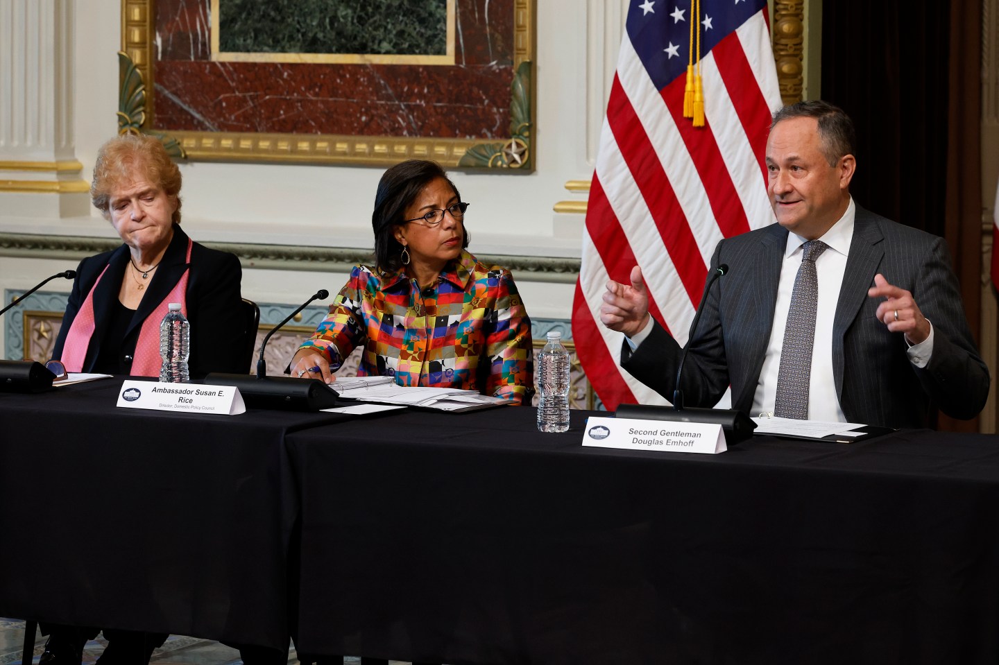 From left to right: Special Envoy to Monitor and Combat Antisemitism Deborah Lipstadt, White House Domestic Policy Advisor Susan Rice, and Second Gentleman Doug Emhoff are seated together at a roundtable event.