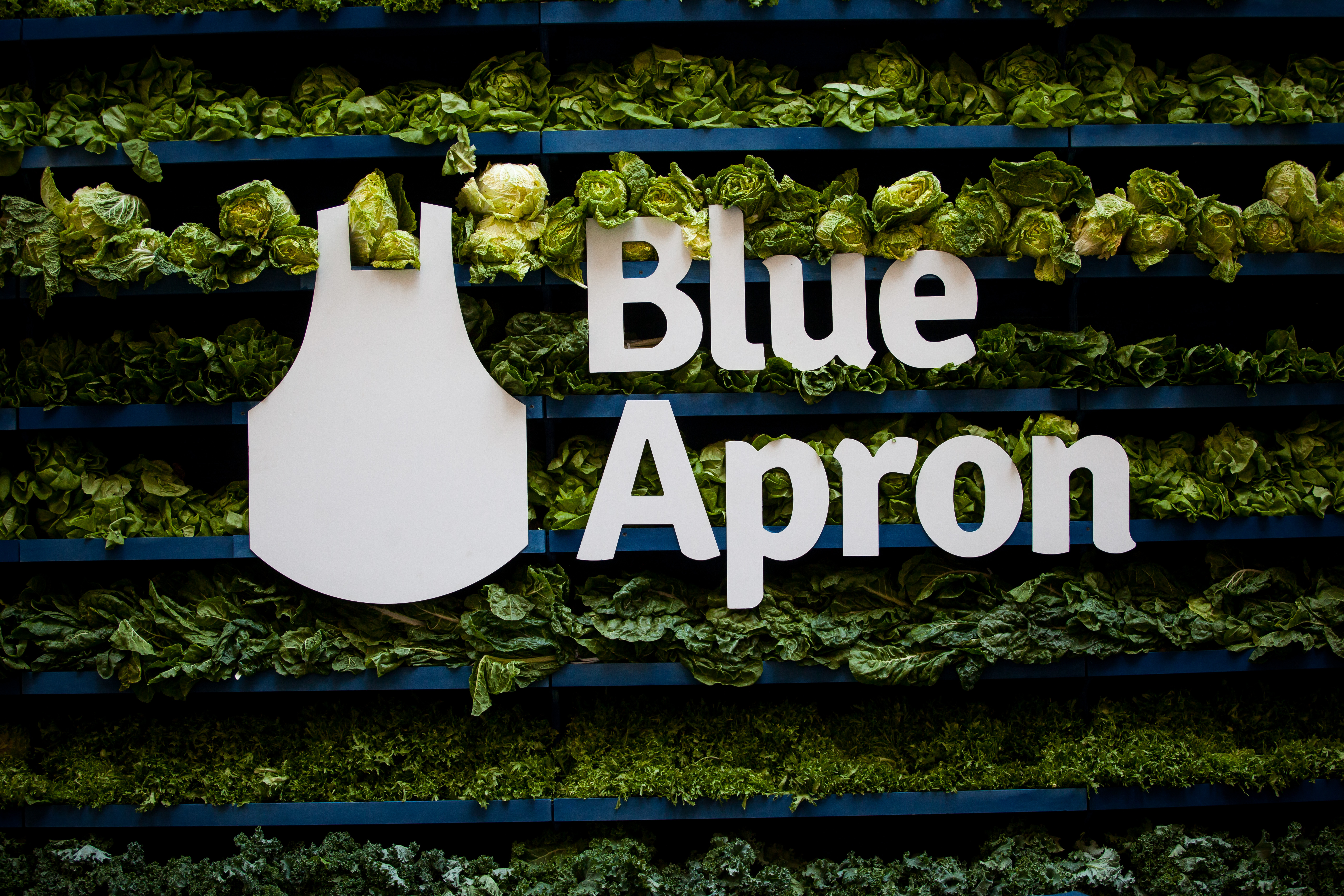 The logo for Blue Apron in front of a wall of vegetables.