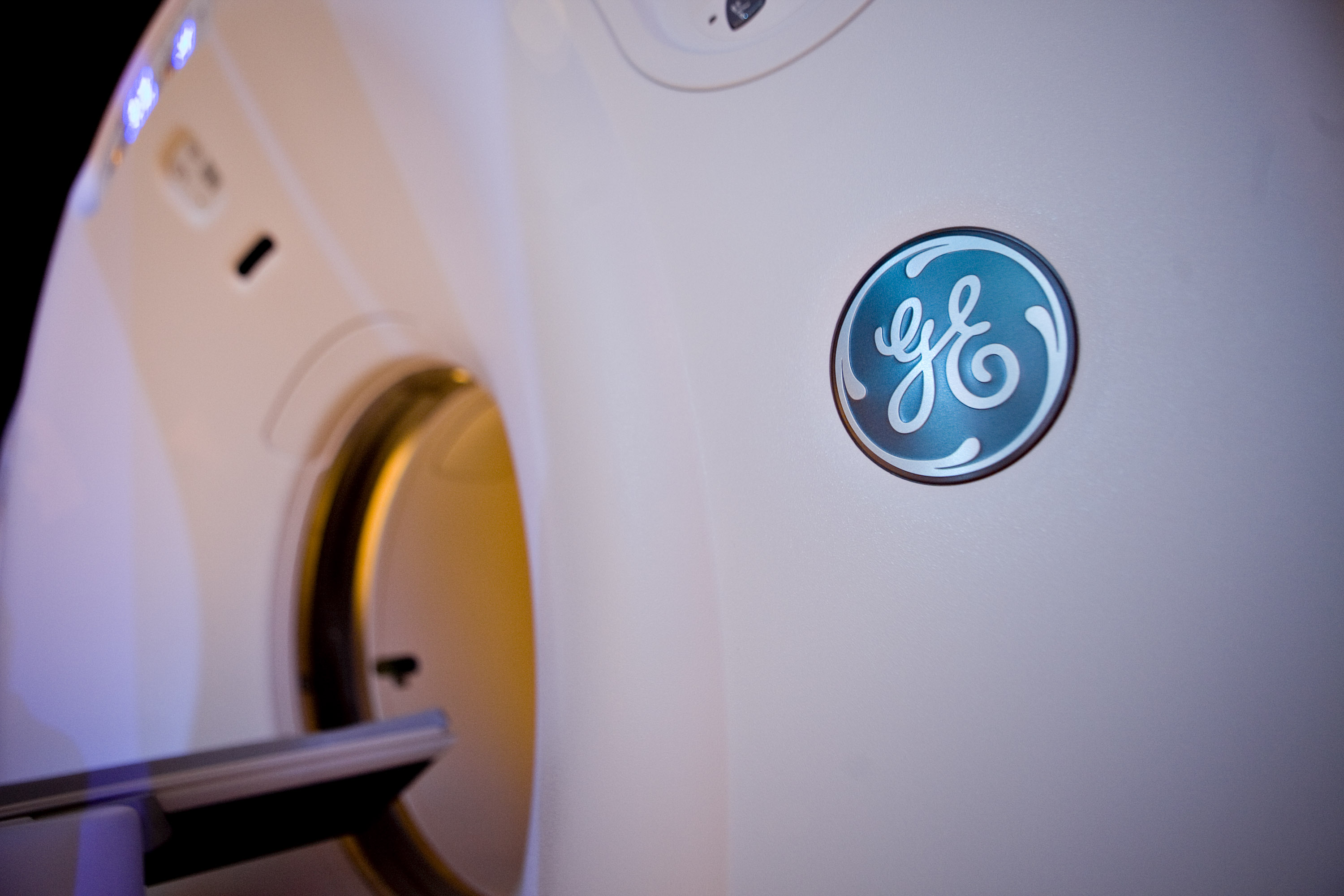 A General Electric Co. logo is seen on the side of a Discovery CT750 HD CT scan machine as it sits on display