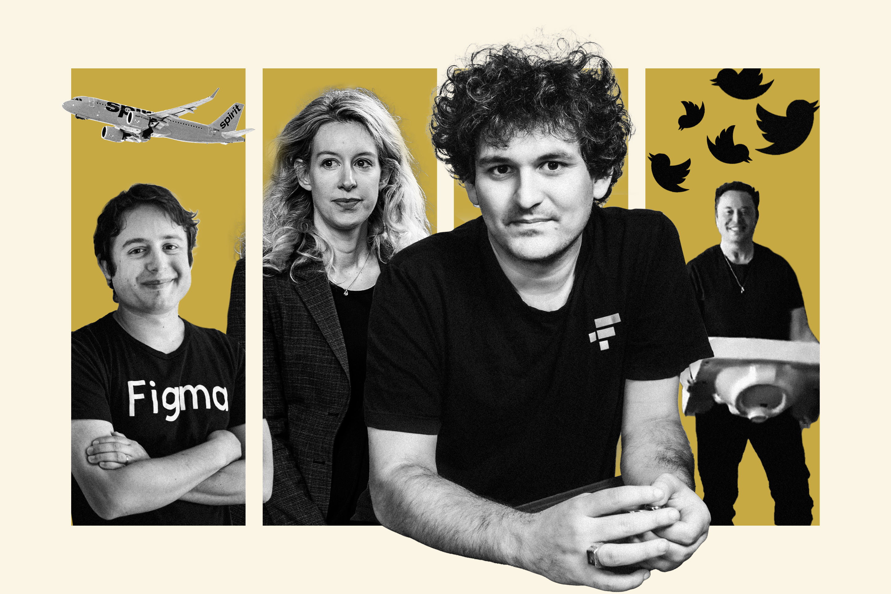 A photo collage of Figma CEO Dylan Field, Theranos founderElizabeth Holmes, former FTX CEO Sam Bankman-Fried, and Twitter CEO Elon Musk