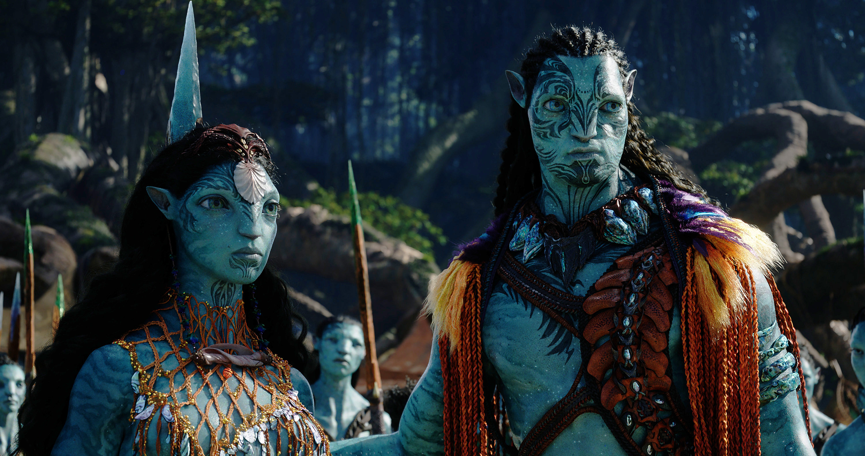 Kate Winslet, as Ronal, left, and Cliff Curtis, as Tonowari, in a scene from "Avatar: The Way of Water." 