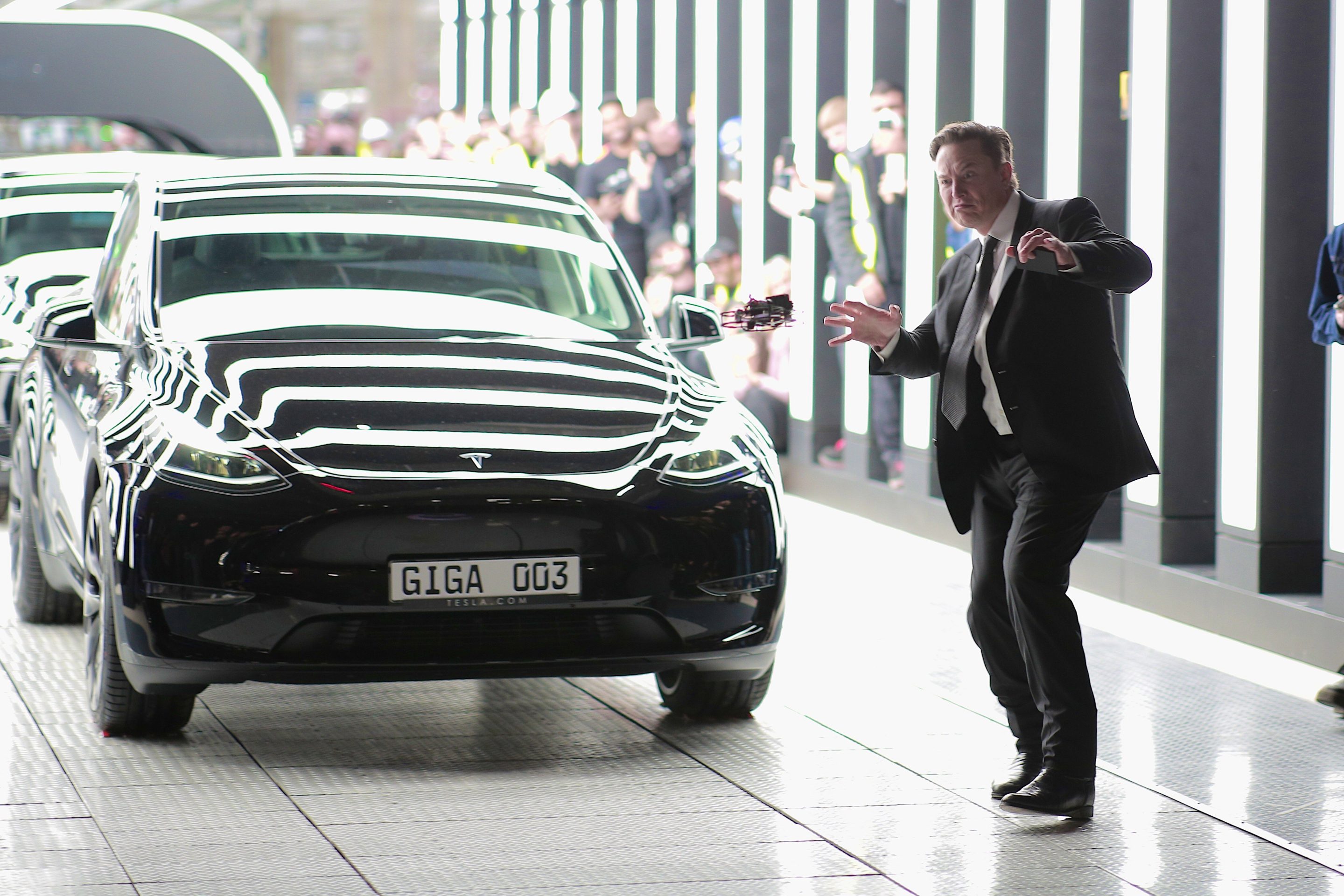 Tesla CEO Elon Musk attends the official opening of the new Tesla electric car manufacturing plant on March 22, 2022 near Gruenheide, Germany.