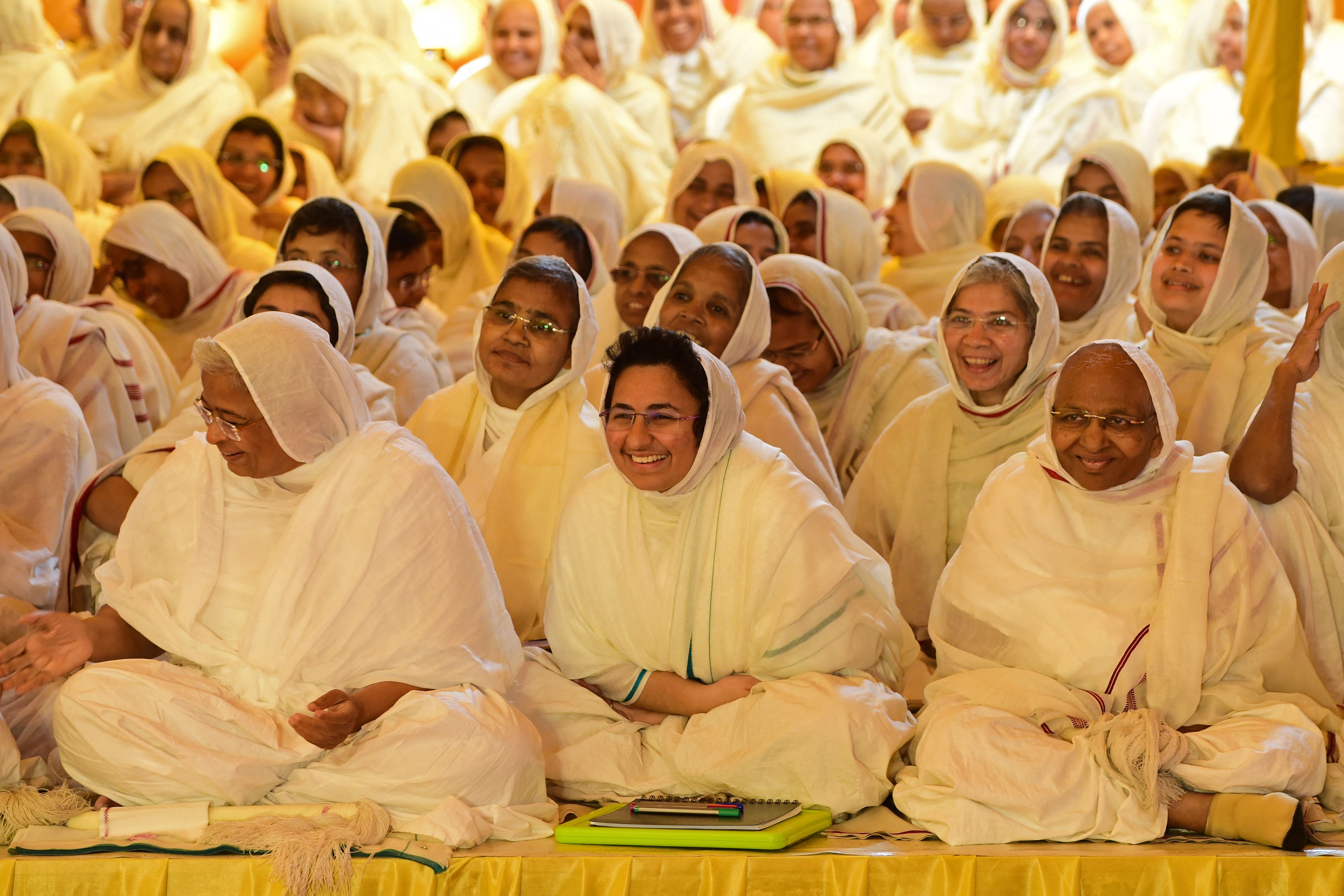 Nuns from the Jain community attend the ongoing Sparsh Mahotsav festival in Ahmedabad on Jan. 16, 2023.