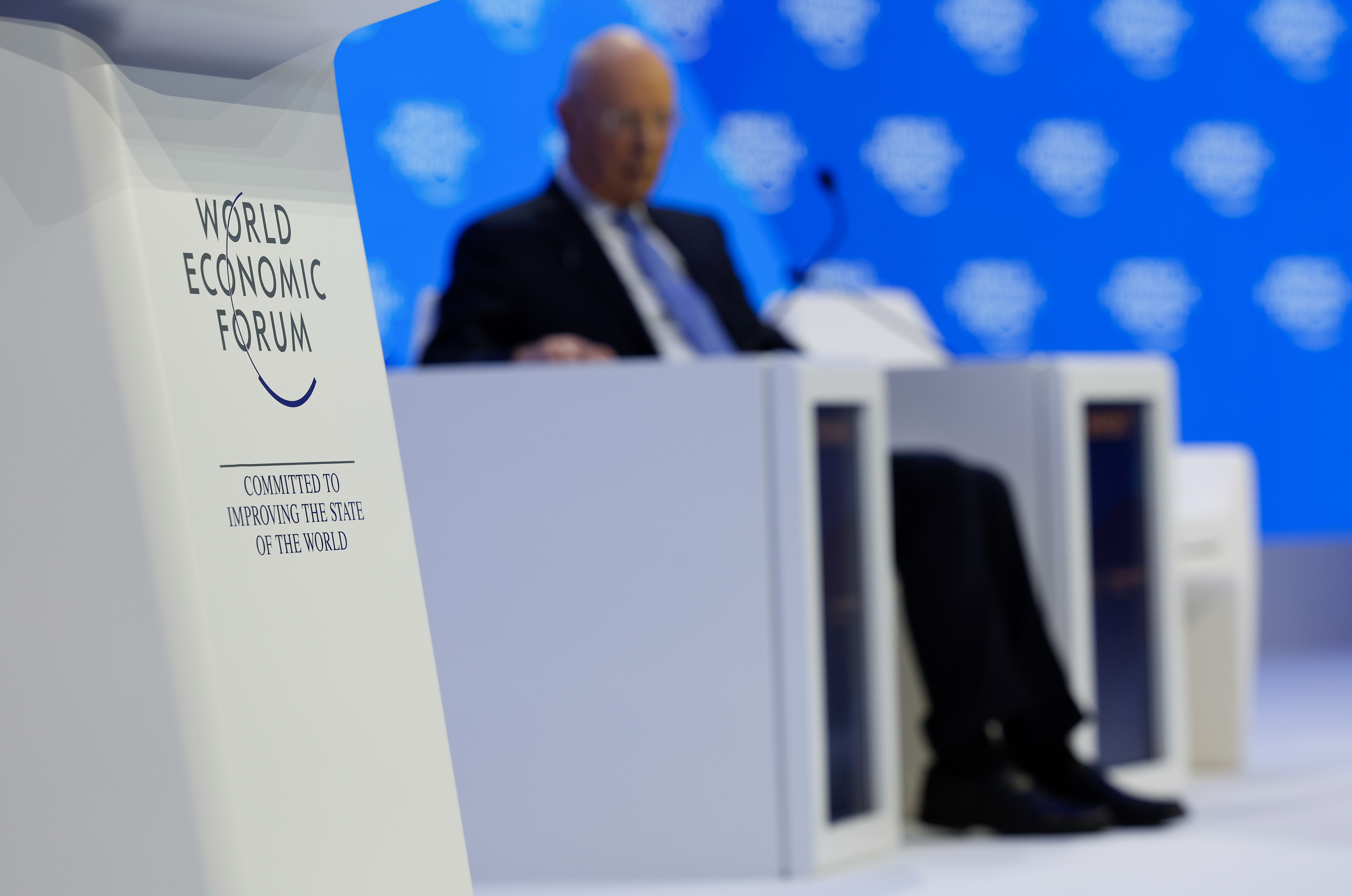 A branded lectern on the opening day of the World Economic Forum (WEF) in Davos, Switzerland, on Tuesday, Jan. 17, 2023. The annual Davos gathering of political leaders, top executives, and celebrities runs from January 16 to 20.