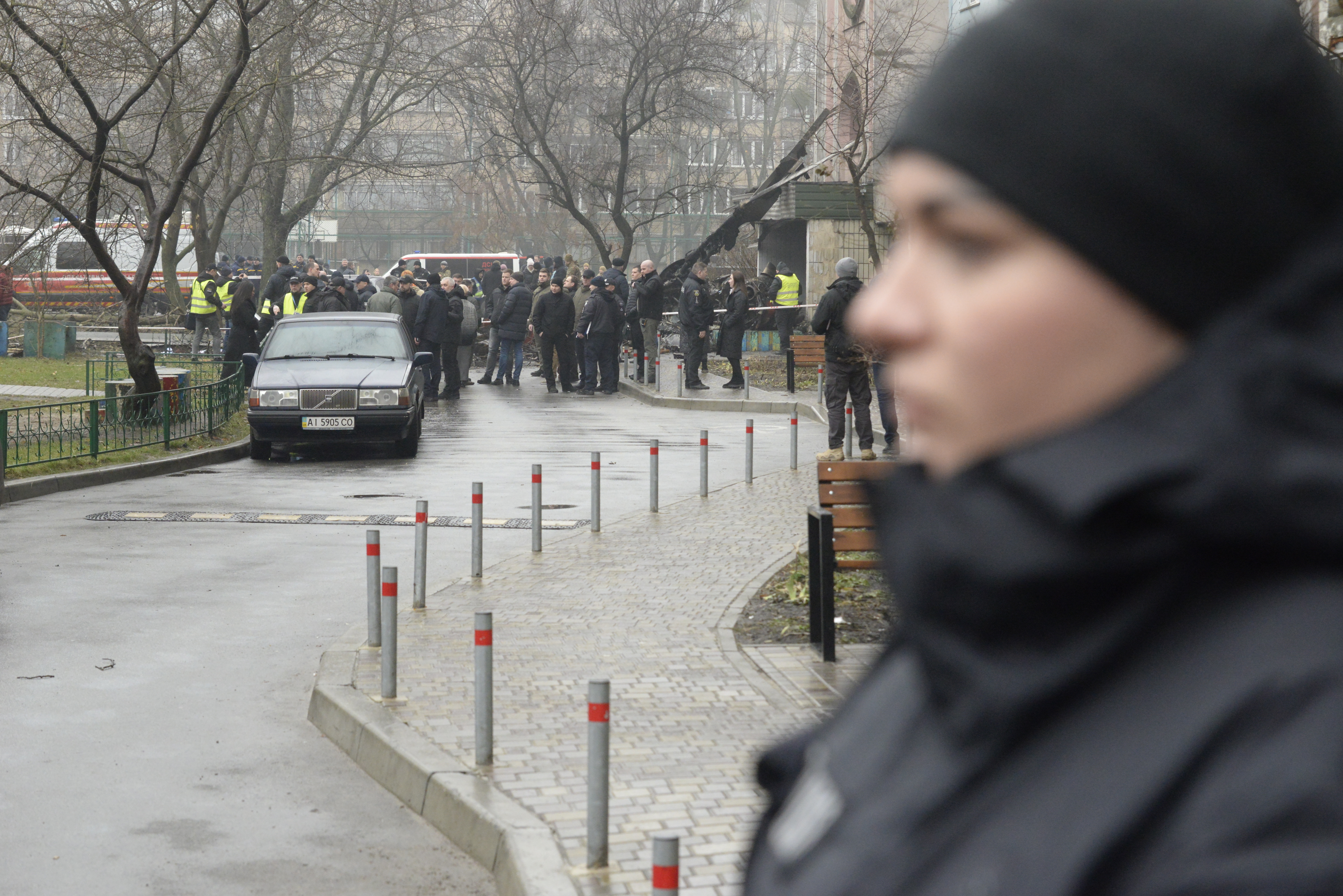 Police cordon off the site where a helicopter crashed in the Brovary city of Ukraine's Kyiv region on Jan. 18, 2023. 