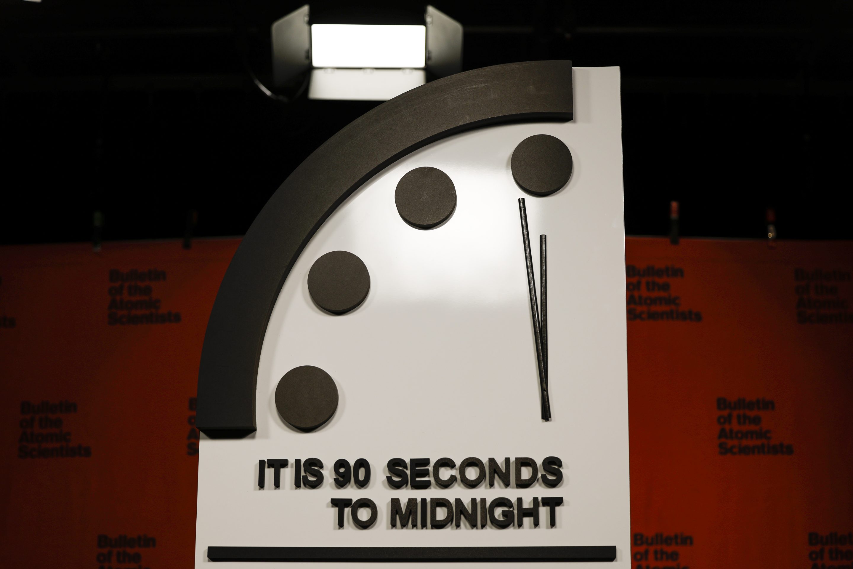 The 2023 Doomsday Clock is displayed before a live-streamed event