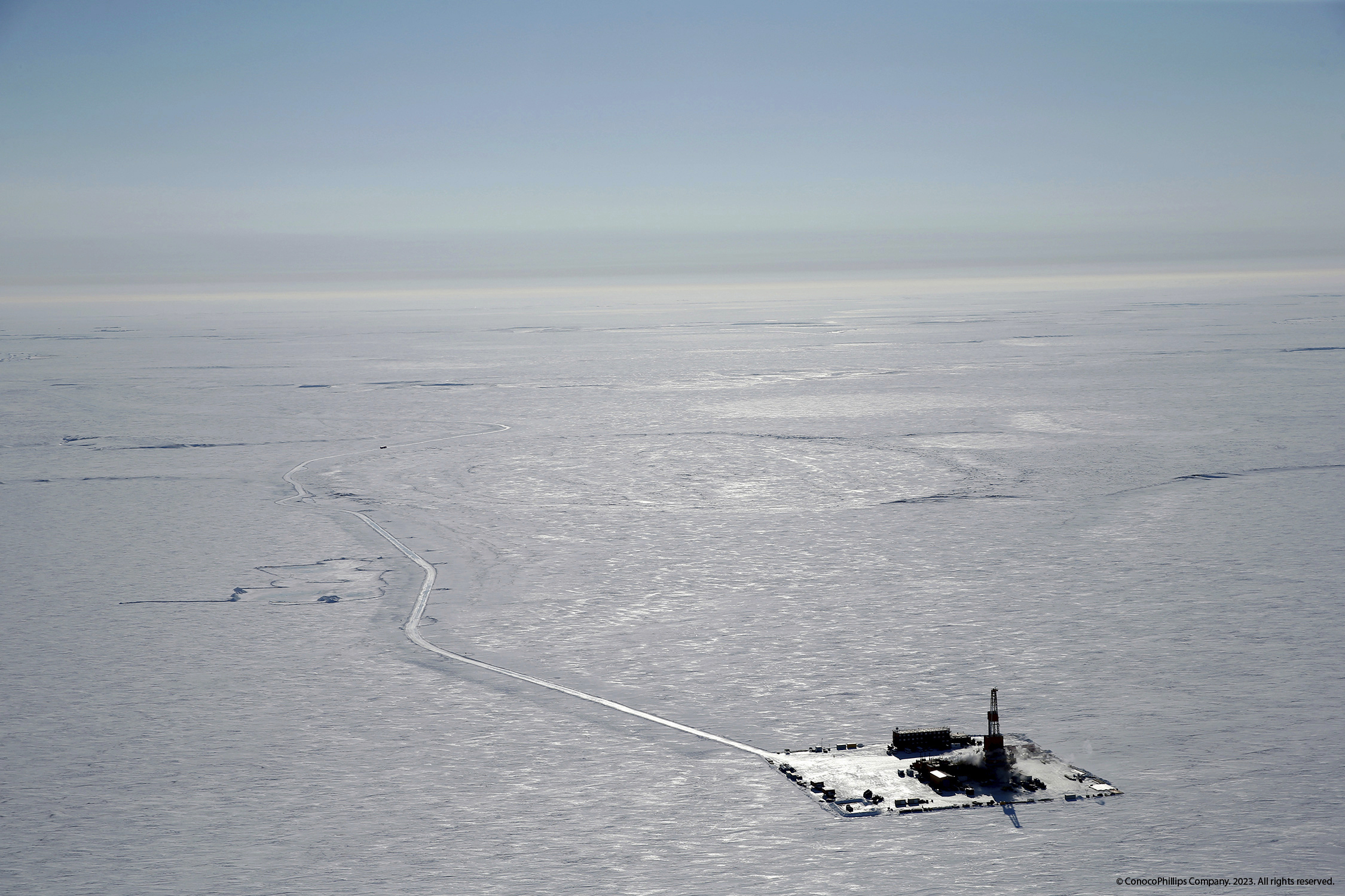This 2019 aerial photo shows an exploratory drilling camp at the proposed site of the Willow oil project on Alaska's North Slope.