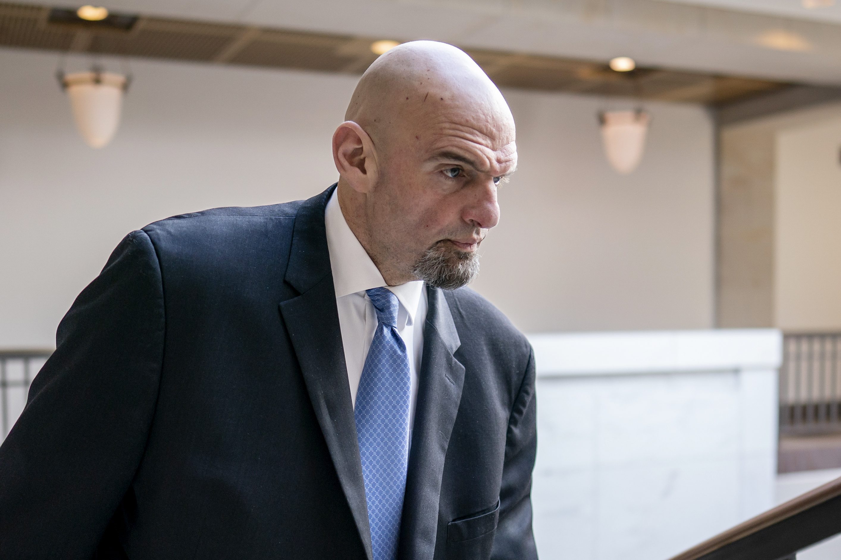 Sen. John Fetterman, D-Pa., leaves an intelligence briefing on the unknown aerial objects the U.S. military shot down this weekend at the Capitol in Washington, Feb. 14, 2023.
