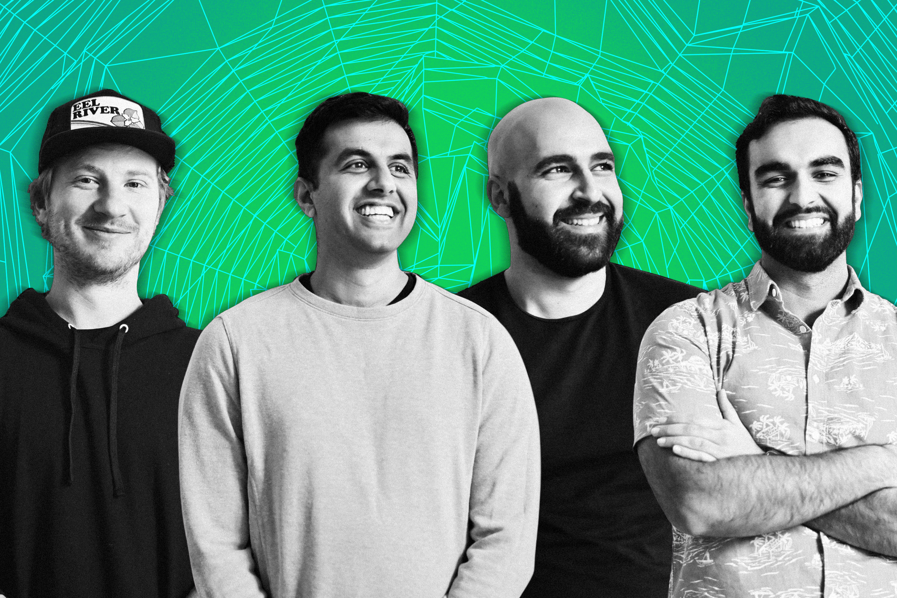 Five members of Portal Labs stand in front of green background.