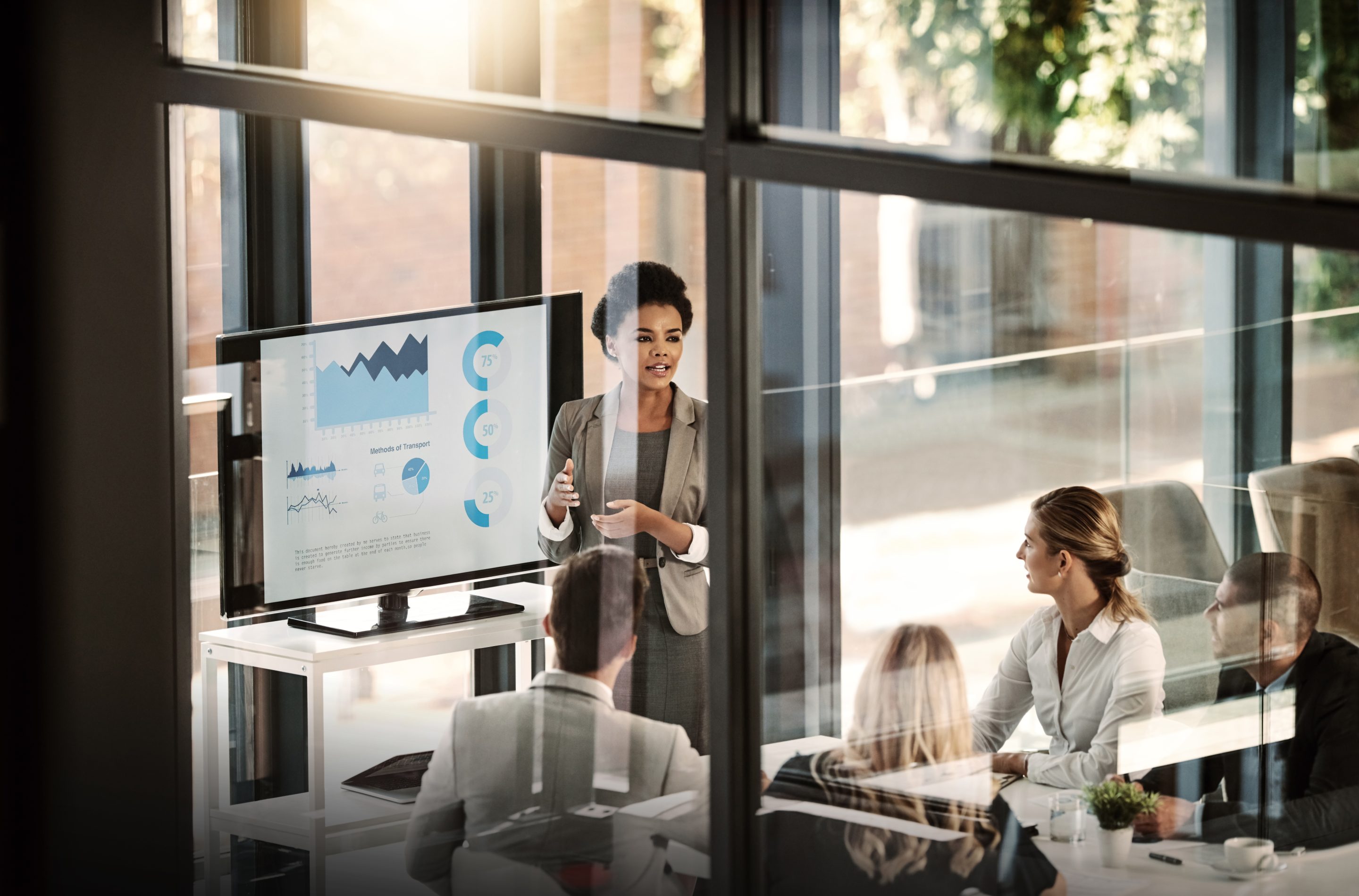 Photo of a businesswoman delivering a presentation to her colleagues in the boardroom