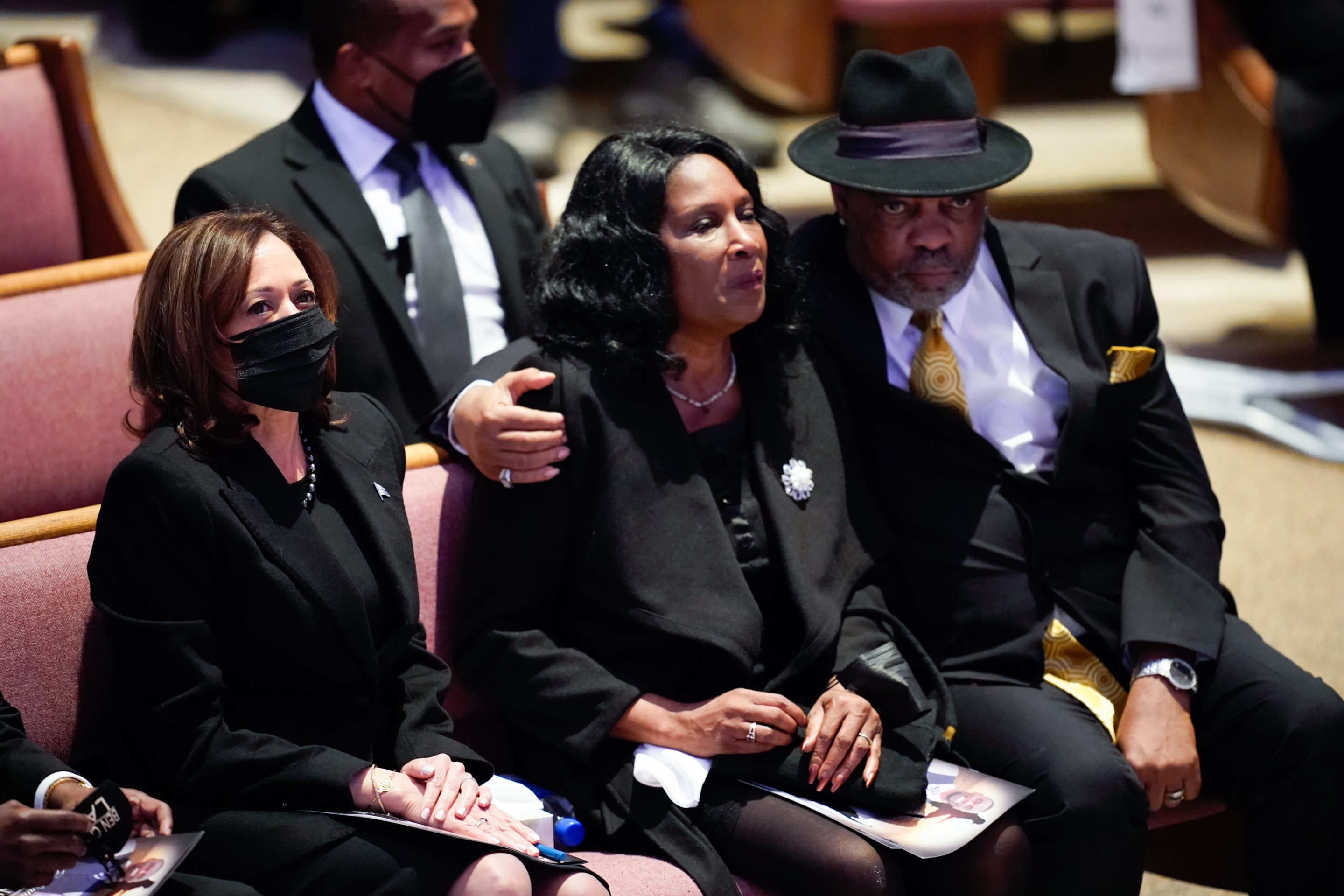 RowVaughn Wells and Rodney Wells sit with Vice President Kamala Harris during the funeral service for their son Tyre Nichols at Mississippi Boulevard Christian Church on Feb. 1.