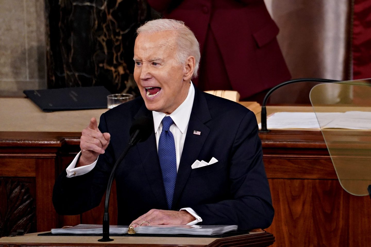 US President Joe Biden speaks during a State of the Union address