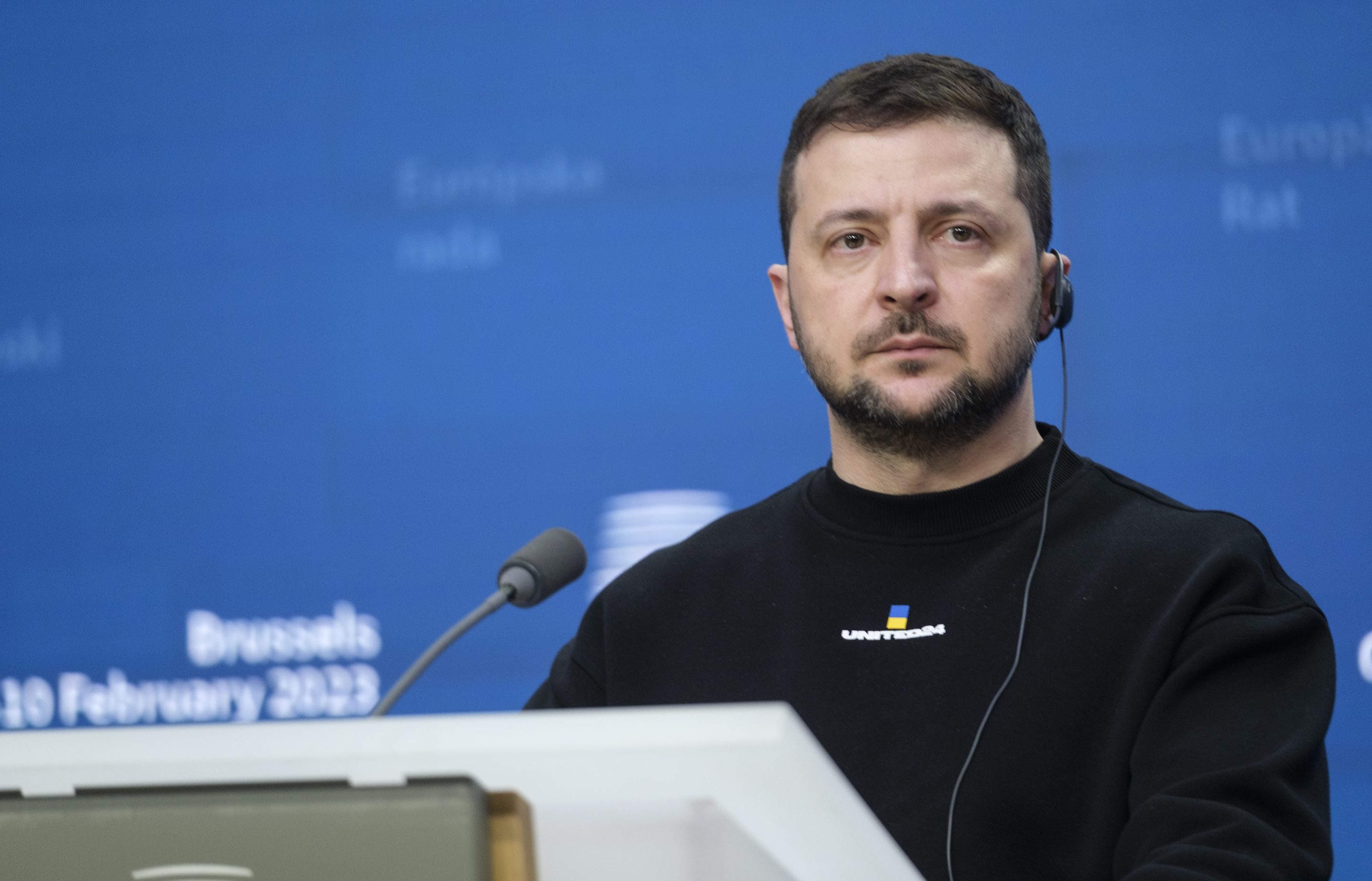 President of Ukraine Volodymyr Zelenskyy talks to media during a press conference following the European Union leaders summit at the European Council headquarters on February 9, 2023 in Brussels, Belgium.