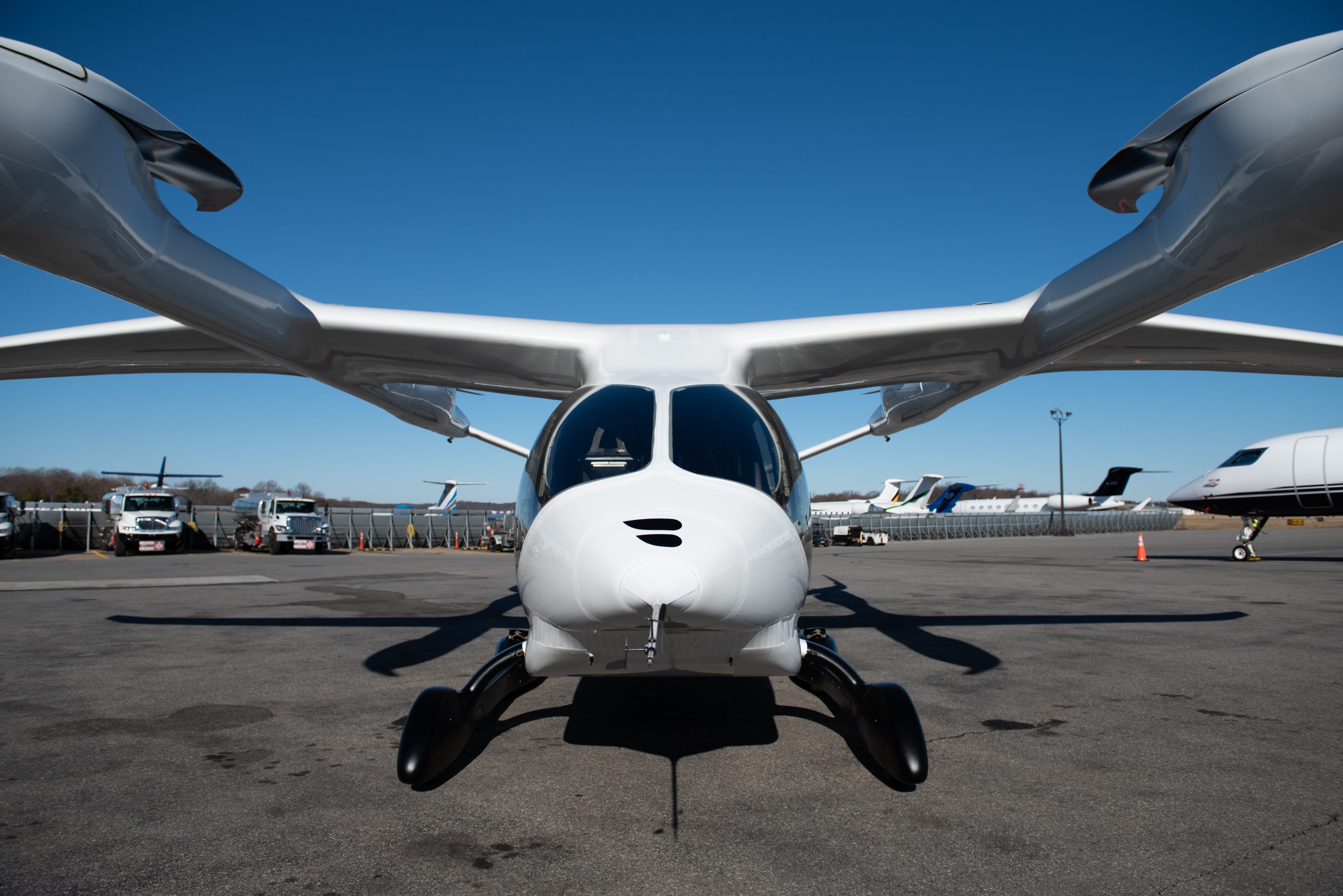 The BETA ALIA-250 EVA electric vertical take-off and landing (eVTOL) aircraft following a test flight at the Westchester County Airport (HPN) in West Harrison, New York, US, on Tuesday, Feb. 14, 2023.