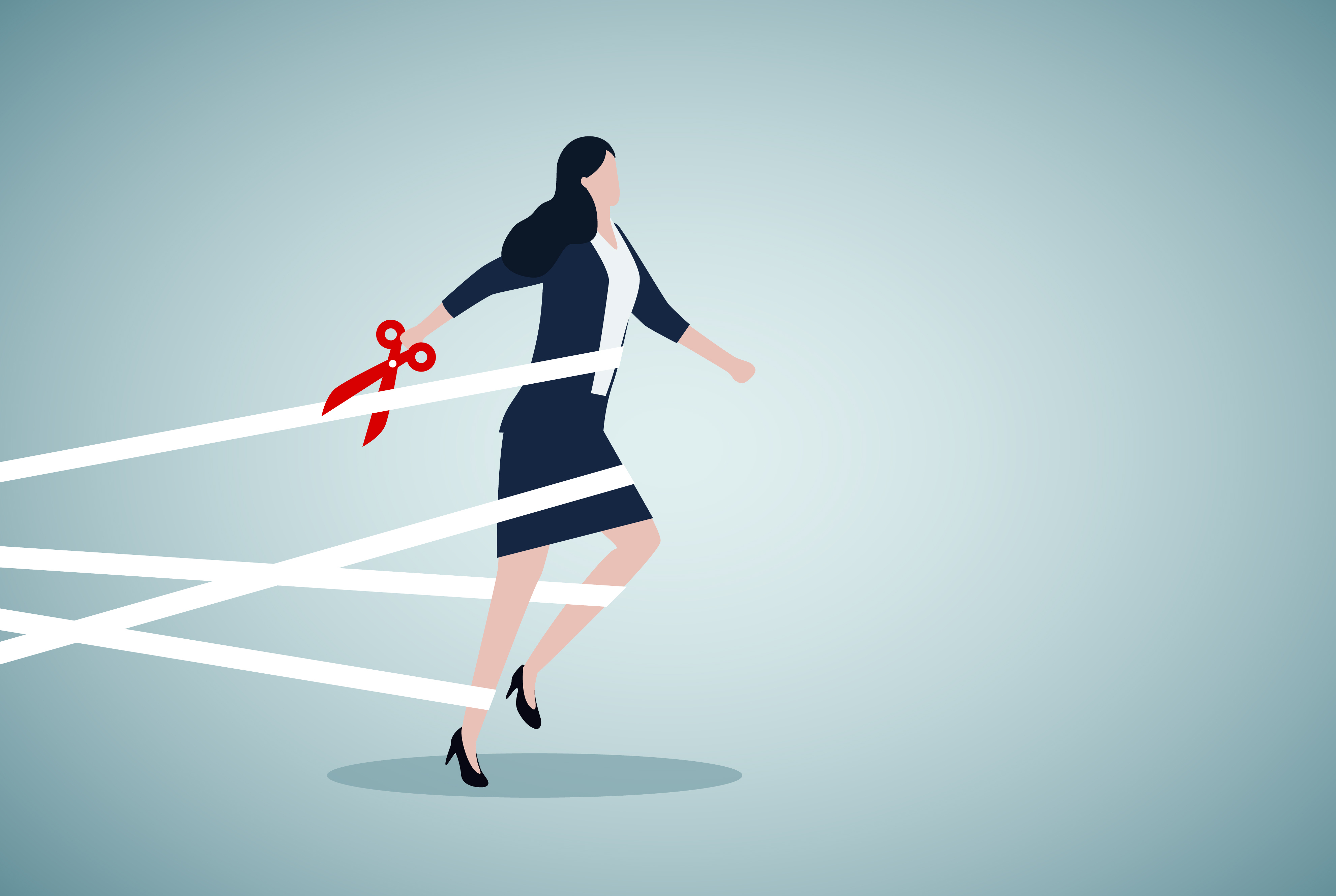 Illustration of a businesswoman stepping forward while cutting white ropes holding her in place