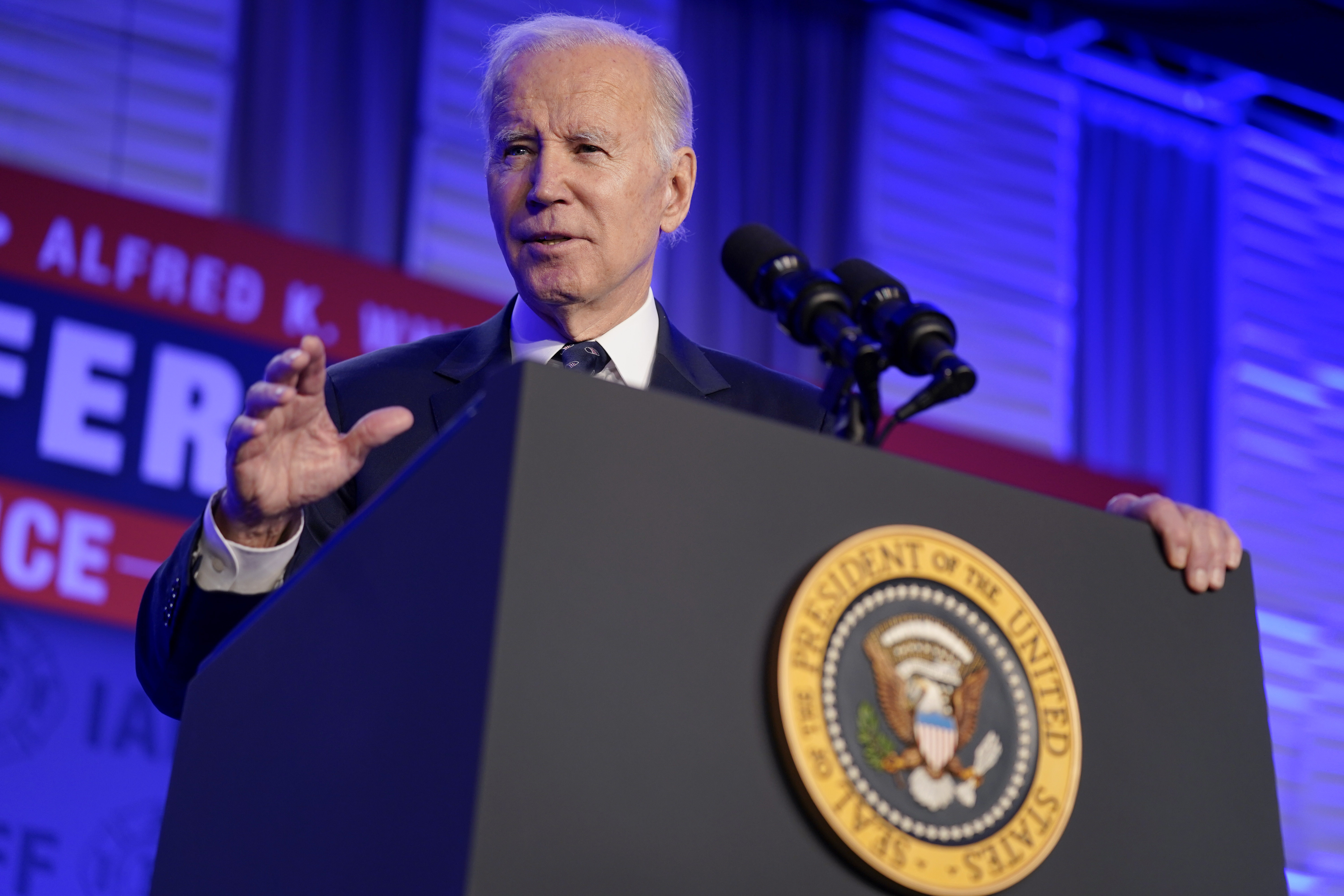 President Joe Biden delivers remarks to the 2023 International Association of Fire Fighters Legislative Conference, Monday, March 6, 2023, in Washington. (AP Photo/Evan Vucci)