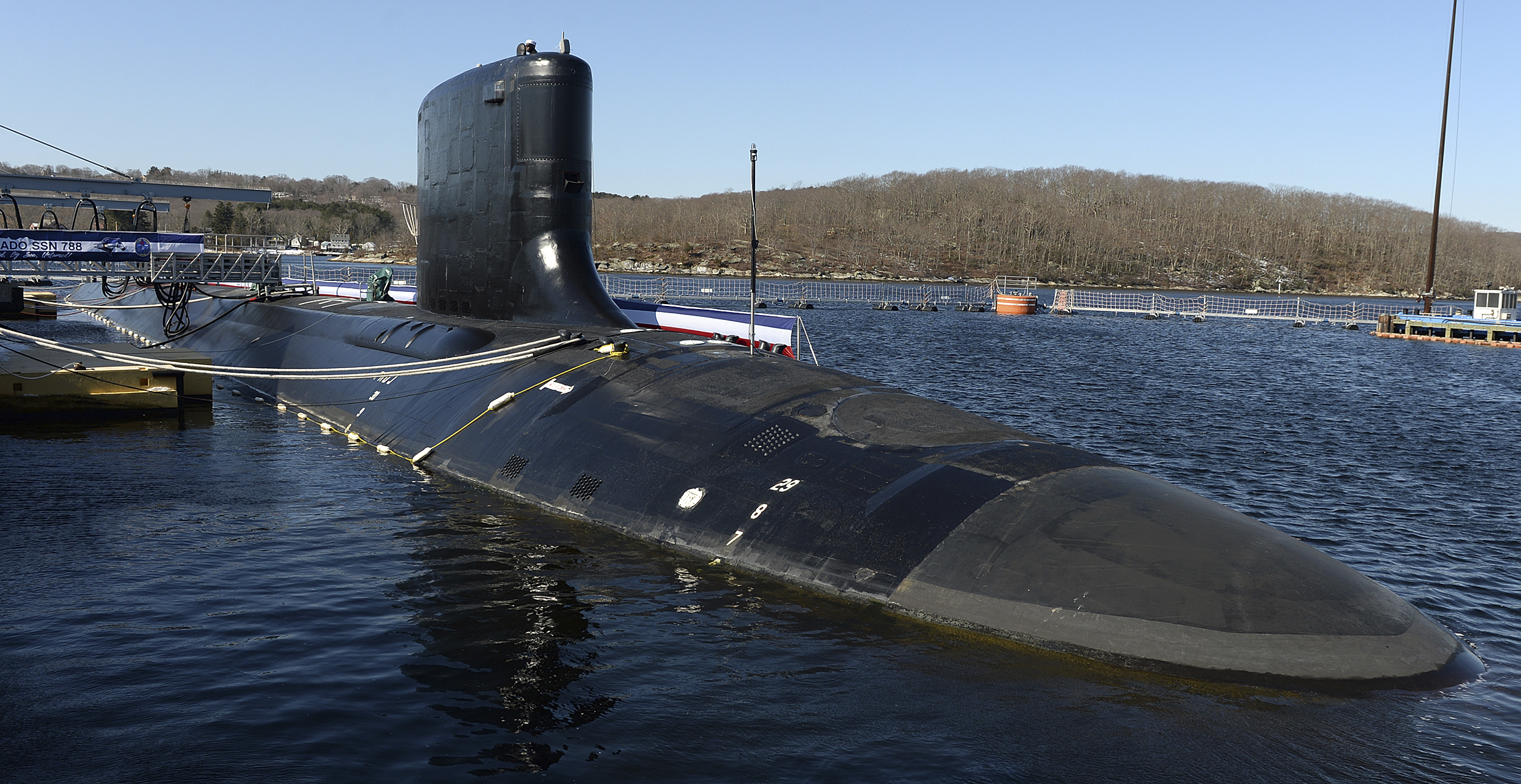 The Virginia-class fast attack submarine USS Colorado (SSN 788) is seen before at the commissioning ceremony at Naval Submarine Base New London in Groton, Conn., March 17, 2018.