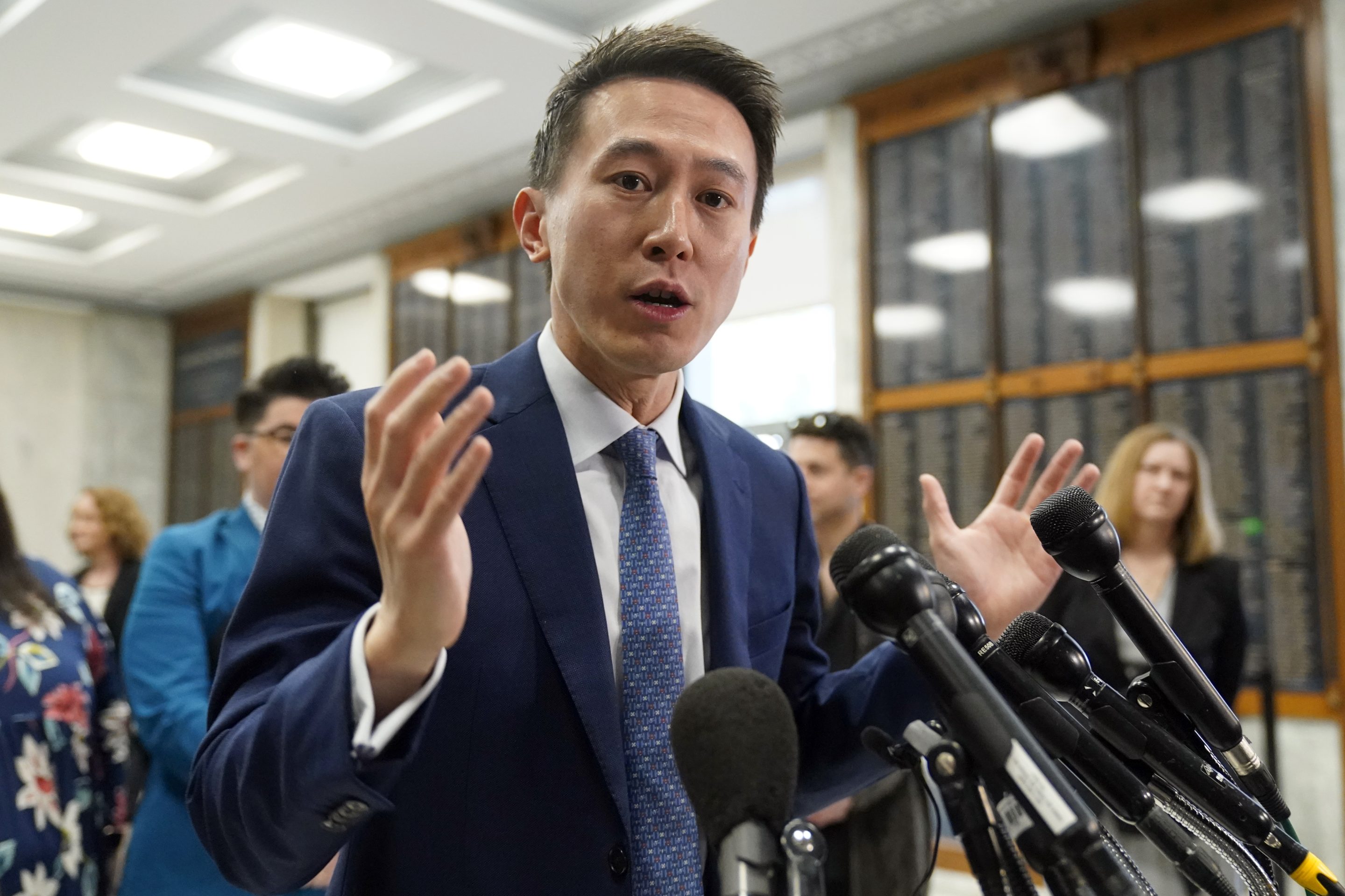 TikTok CEO Shou Zi Chew speaks to reporters before a hearing of the House Energy and Commerce Committee, on the platform's consumer privacy and data security practices and impact on children, Thursday, March 23, 2023, on Capitol Hill in Washington. 
