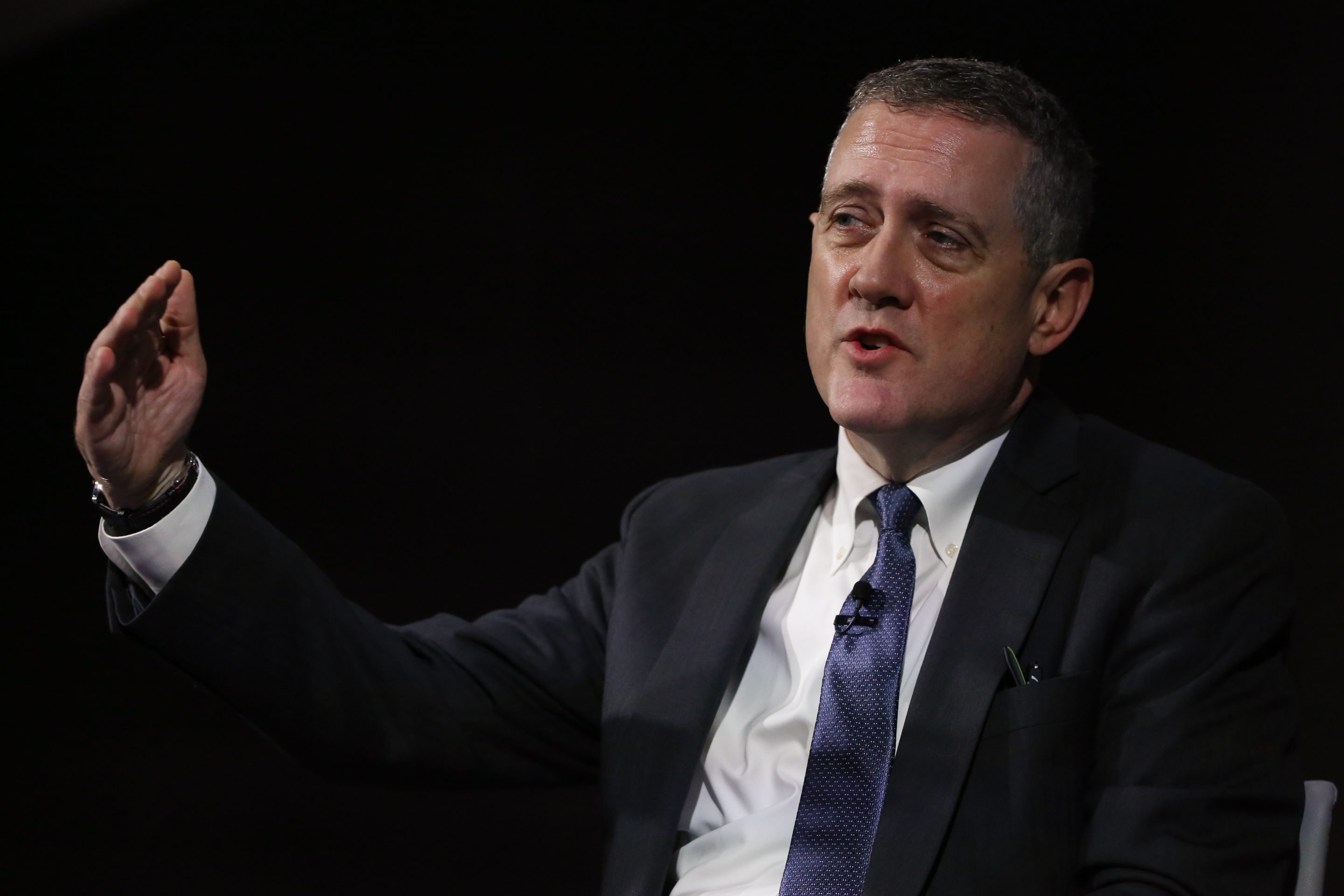James Bullard, president and chief executive officer of the Federal Reserve Bank of St. Louis, gestures while speaking at the 2019 Monetary and Financial Policy Conference  at Bloomberg's European headquarters in London, U.K., on Tuesday, Oct. 15, 2019.
