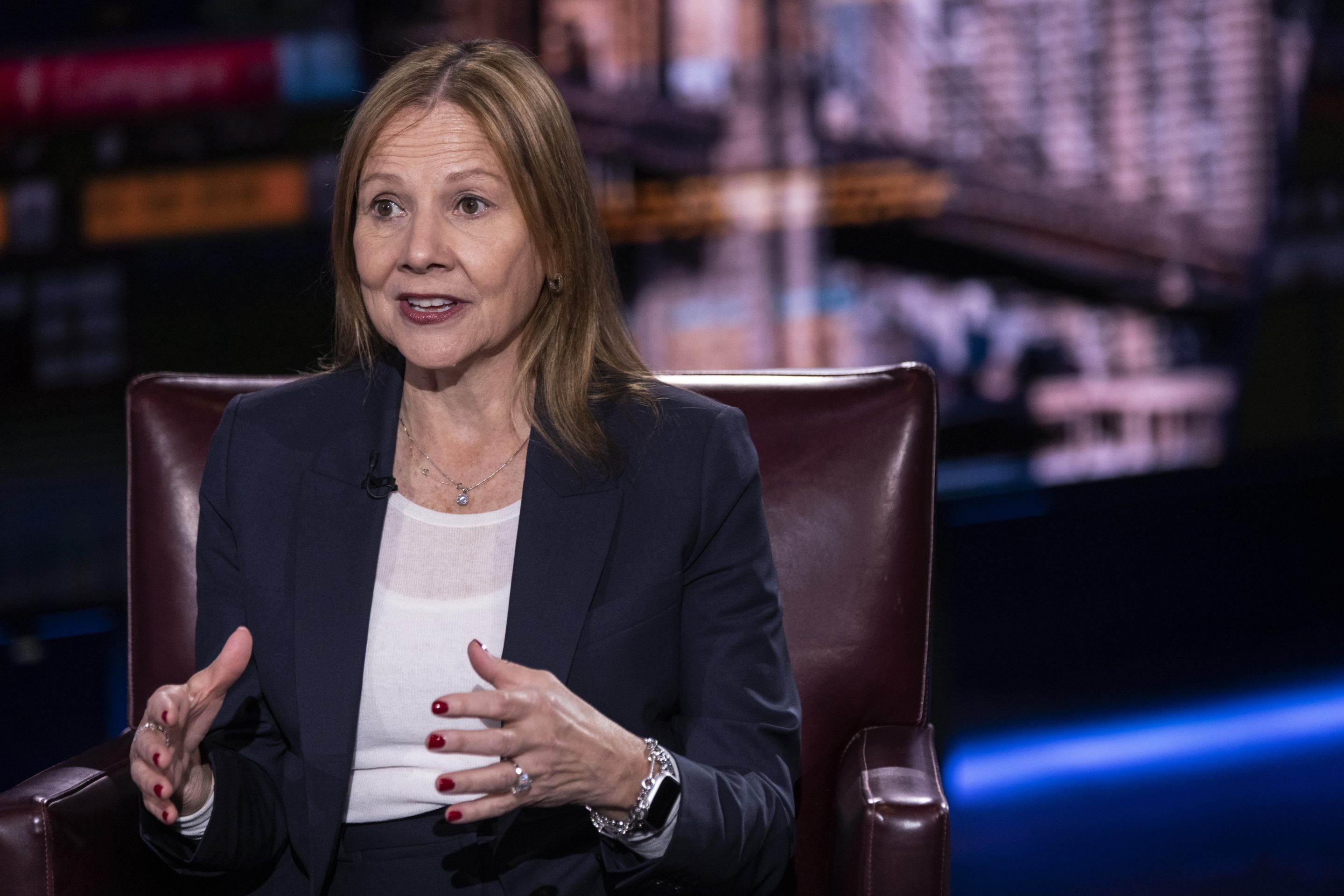 Mary Barra, chief executive officer of General Motors Co., during a Bloomberg Television interview in New York on Feb. 16, 2023. 
