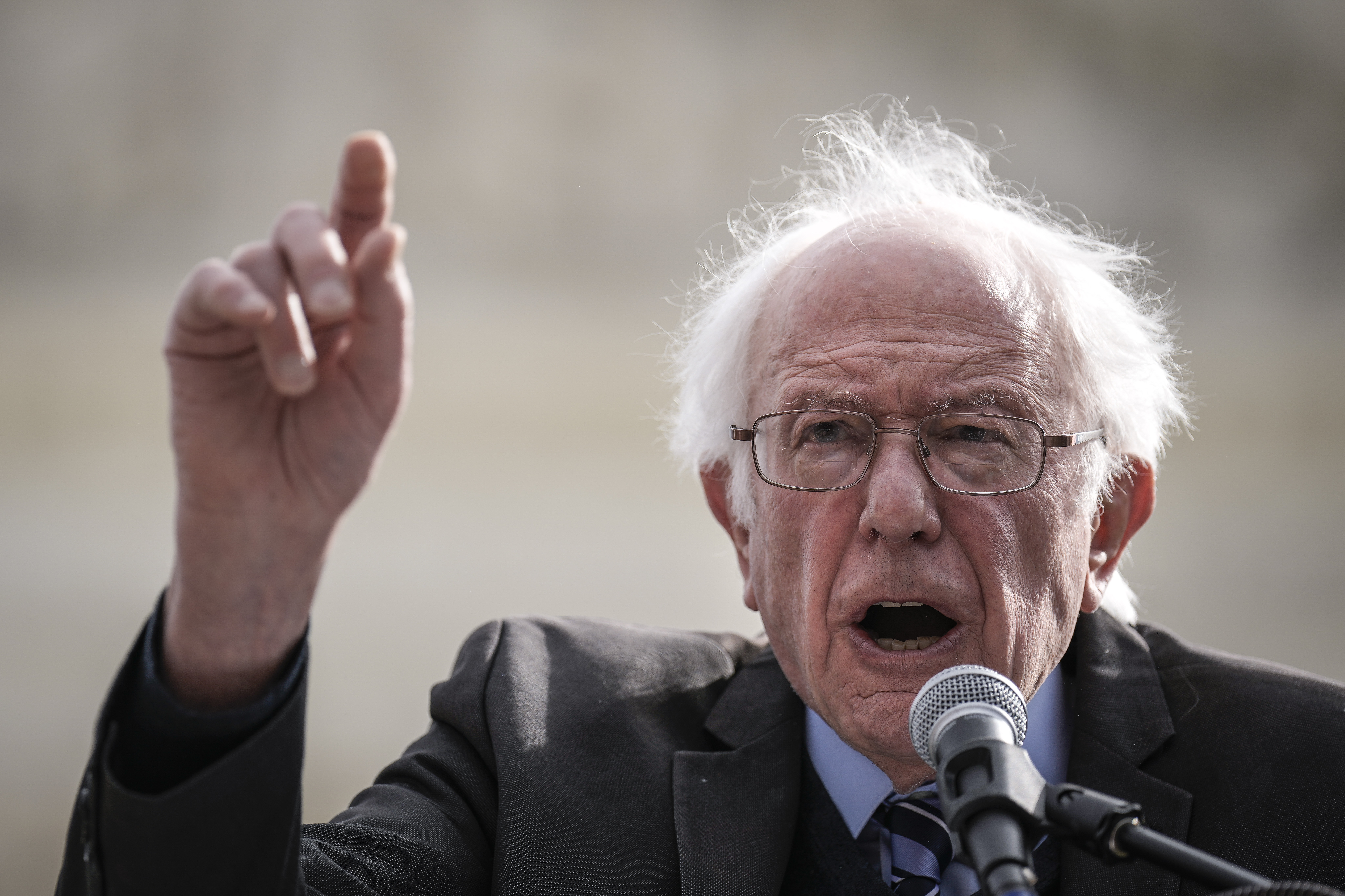Sen. Bernie Sanders (I-VT) speaks during a rally in support of the Biden administration's student debt relief plan in front of the U.S. Supreme Court on February 28, 2023 in Washington, DC.