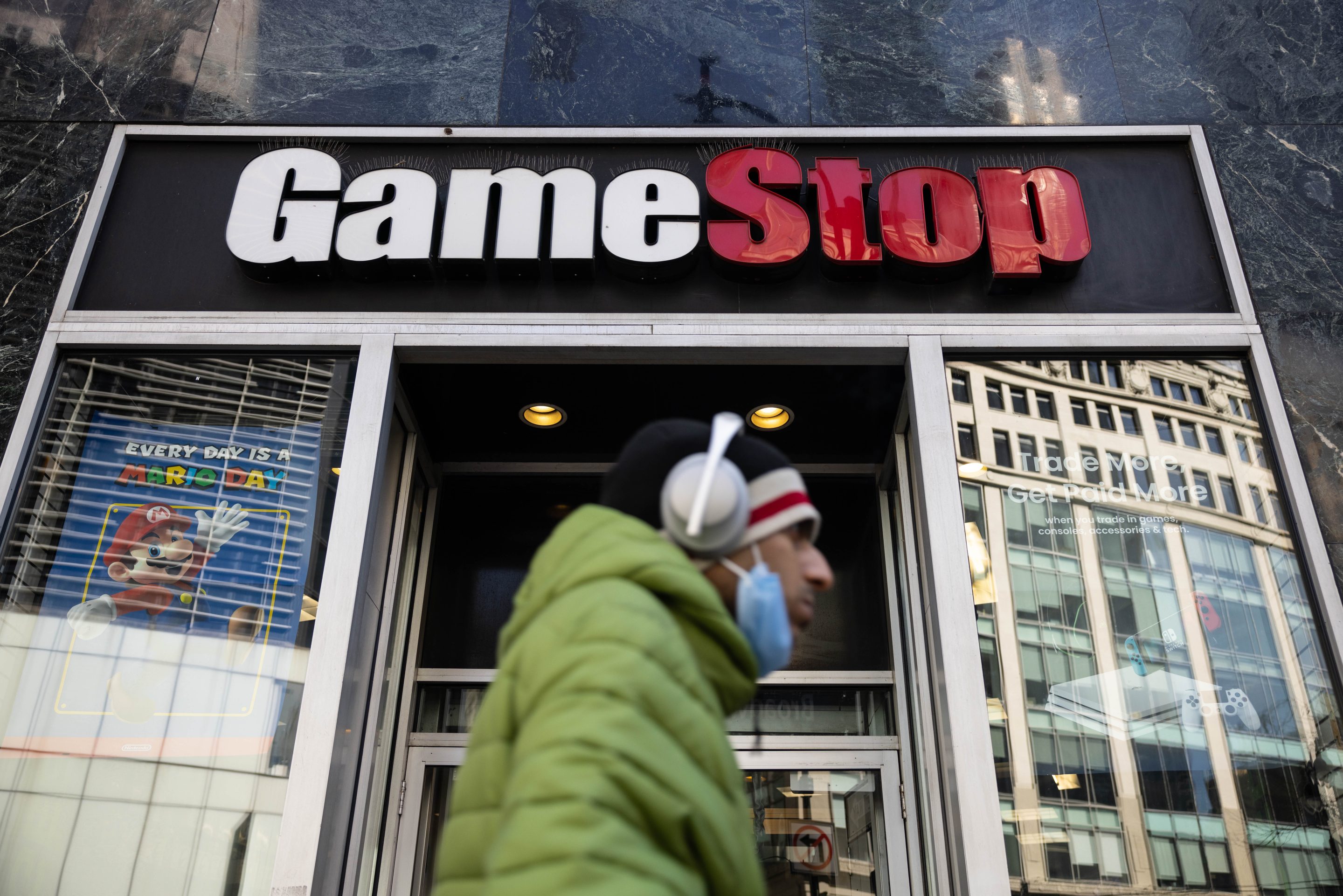 Signage outside a GameStop store in New York