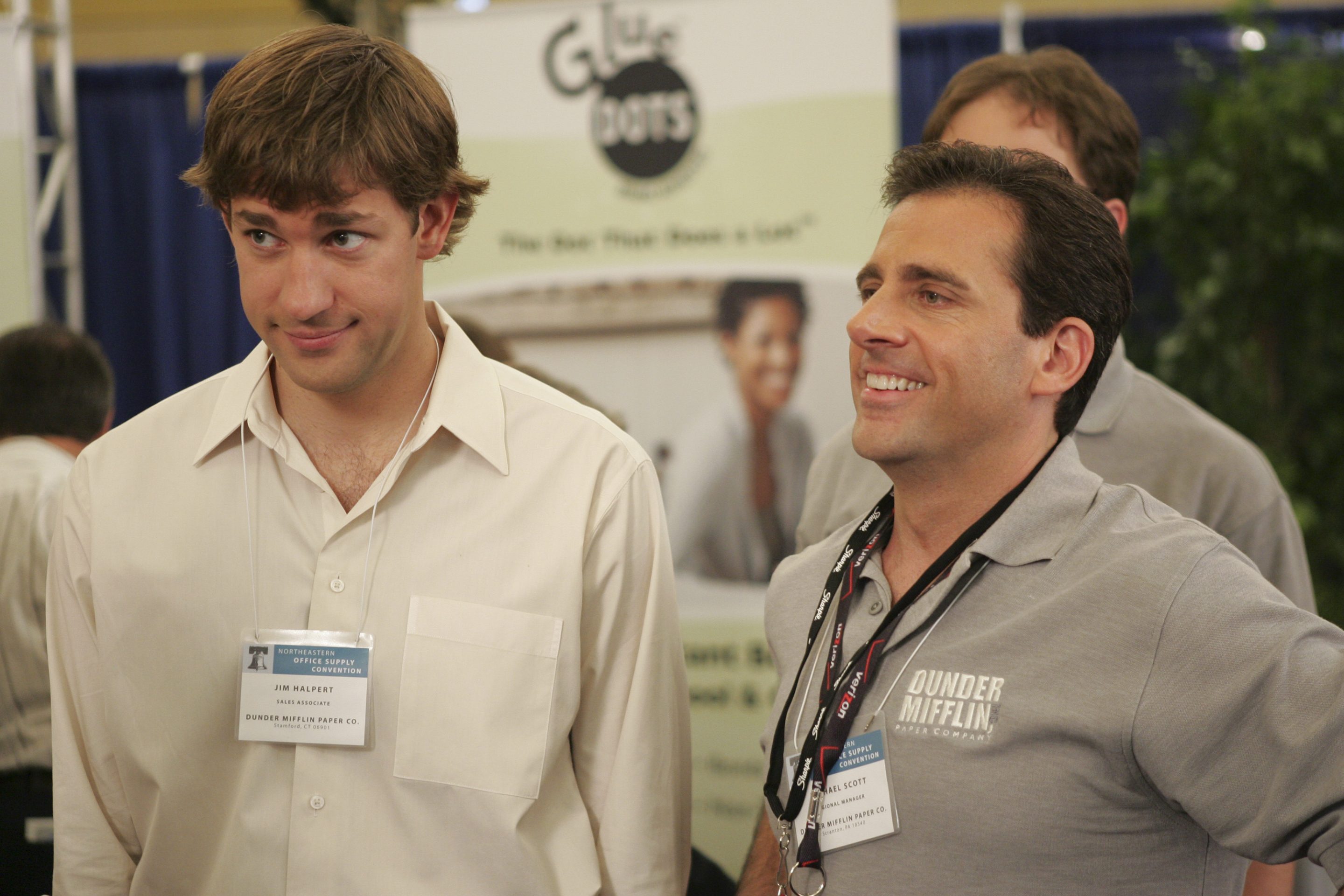 John Krasinski (left) as Jim Halpert and Steve Carell as Michael Scott at a conference on the hit TV show, "The Office."