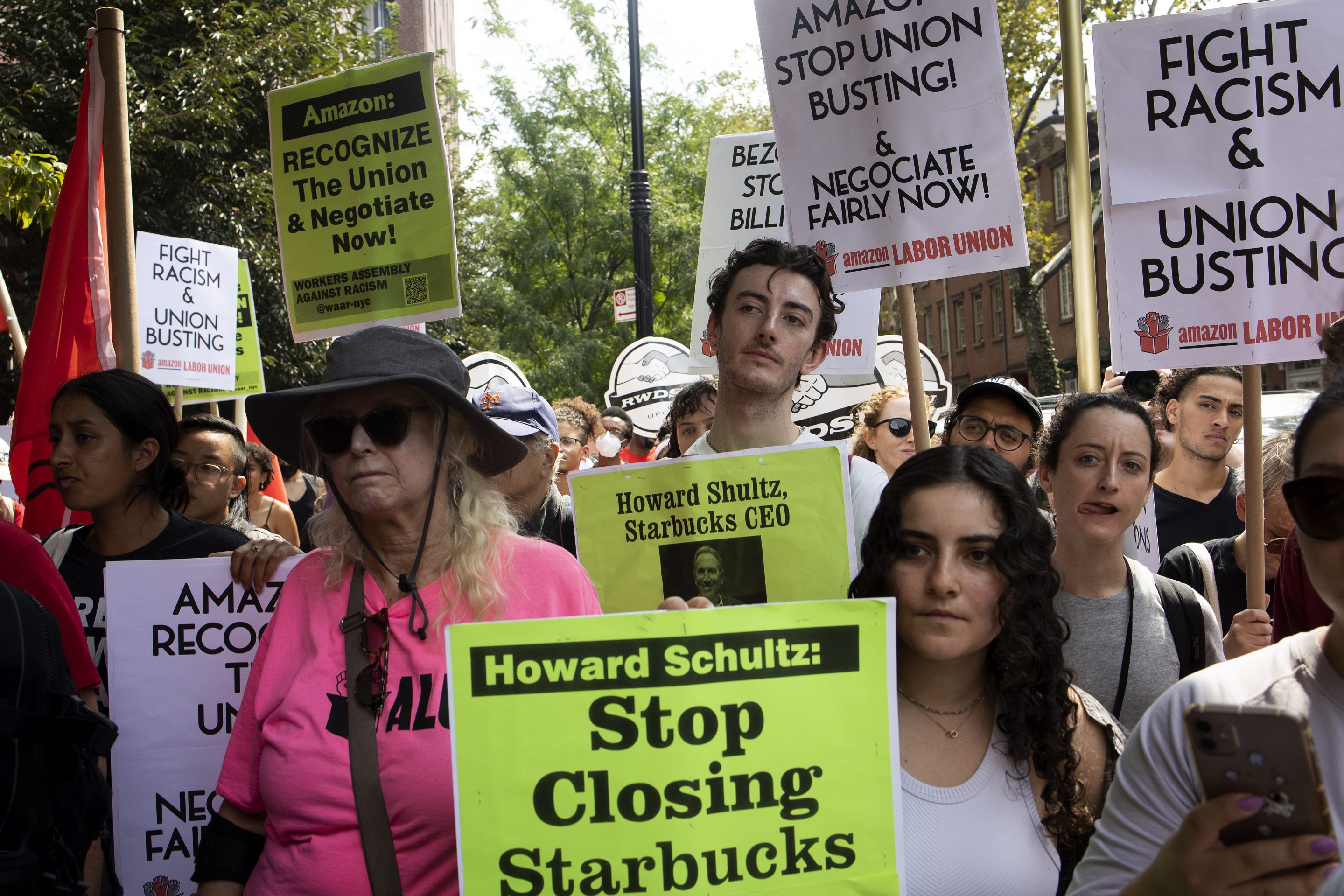 Amazon and Stabucks workers, supported by new service economy unions, march through the streets to the private homes of their CEOs.