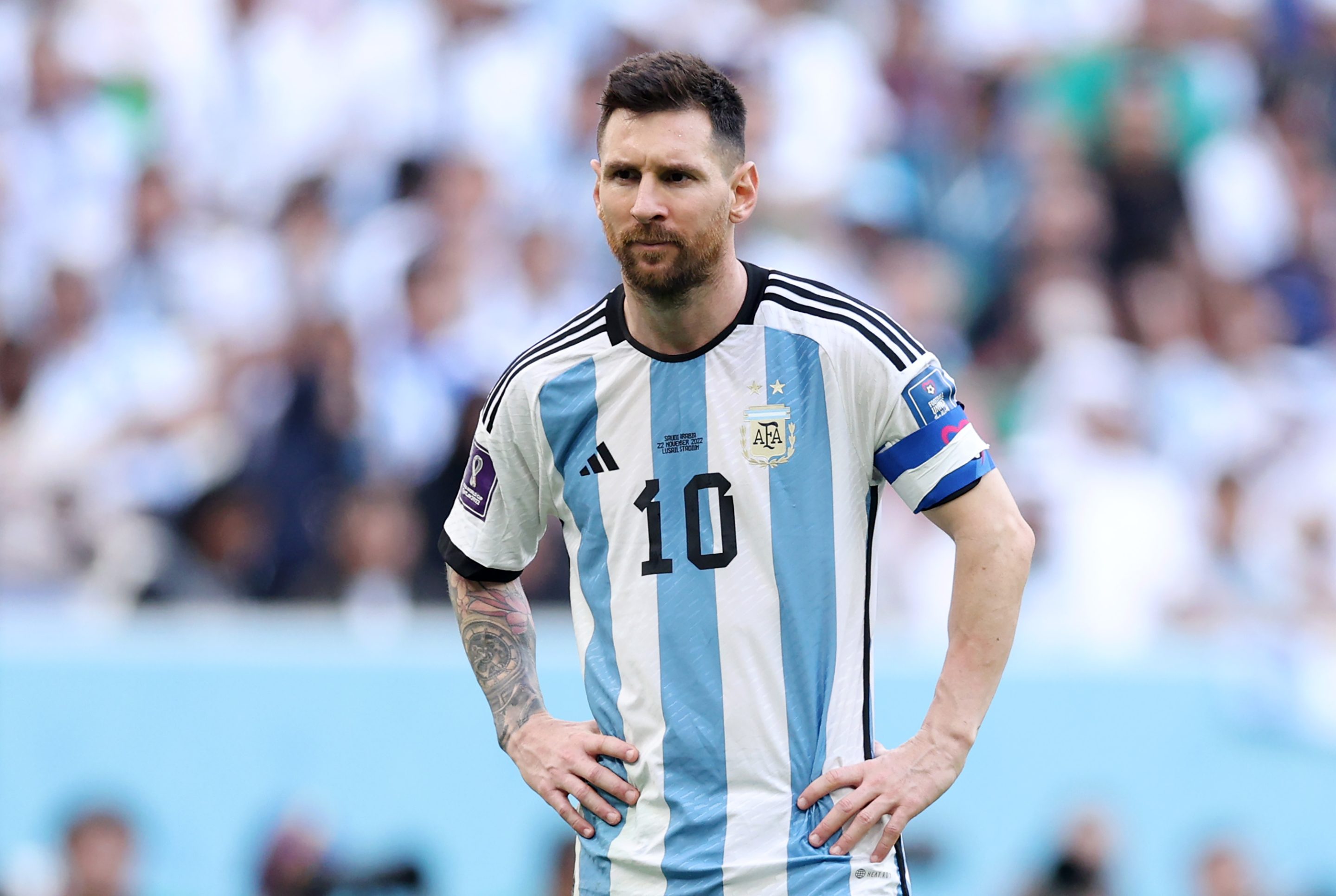 Lionel Messi of Argentina shows dejection during the FIFA World Cup Qatar 2022 Group C match between Argentina and Saudi Arabia at Lusail Stadium on November 22, 2022 in Lusail City, Qatar.