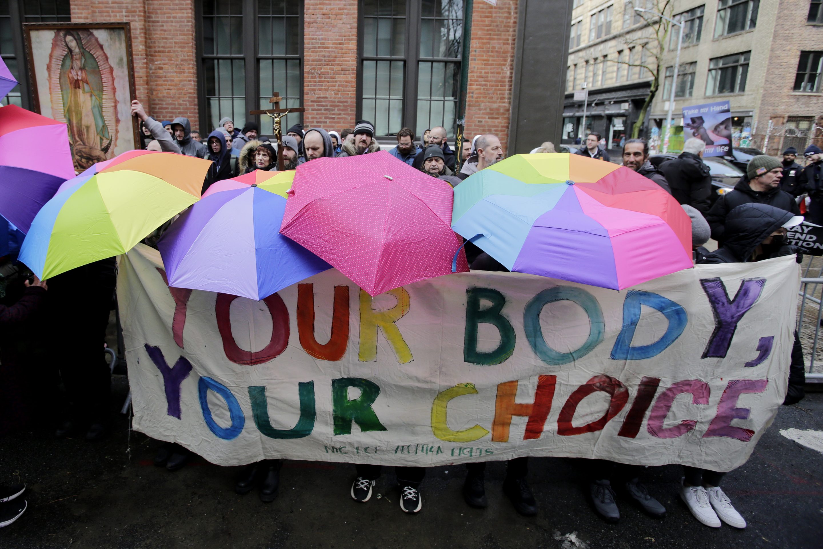 Abortion rights activists confront anti-abortion supporters in New York on March 4, 2023.