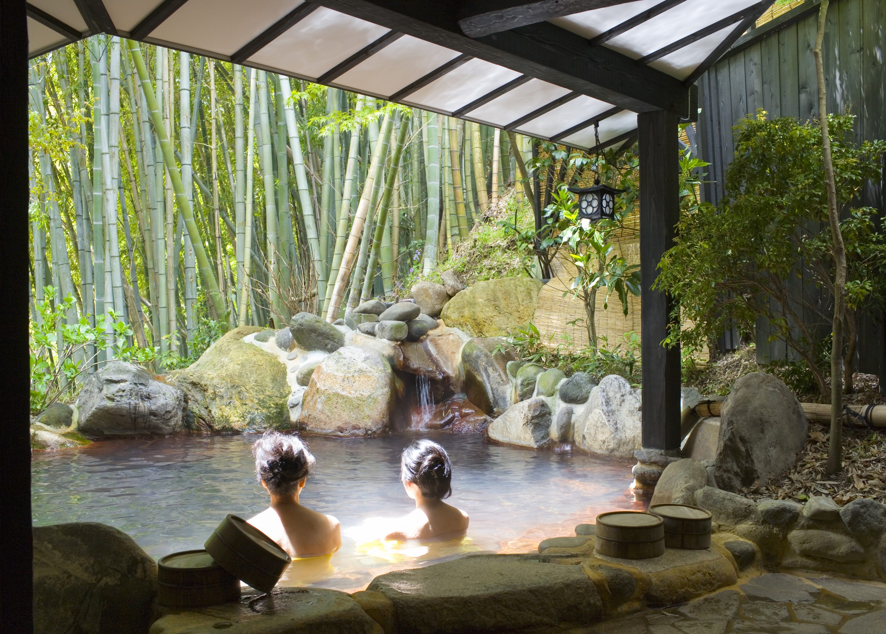 Two people in an outdoor Japanese bath