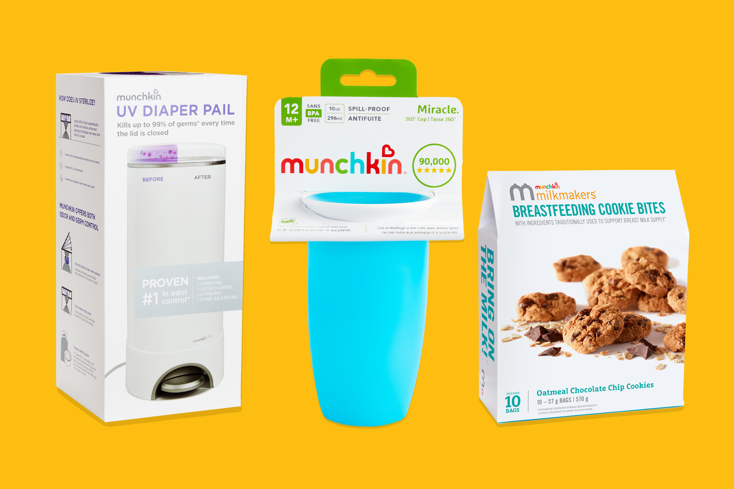 Munchkin's UV Diaper pail, sippy cup and cookie bites on gold background.